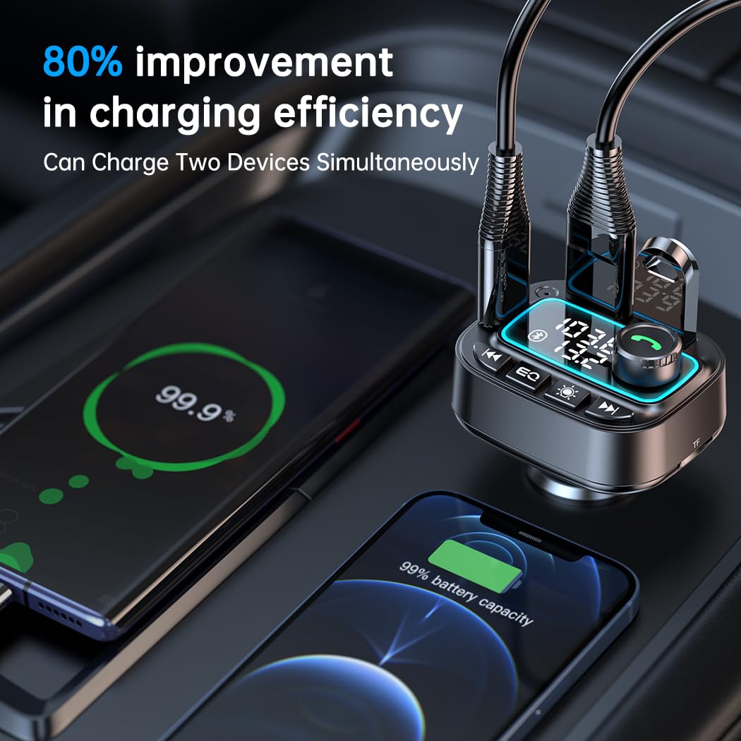 Bluetooth 5.3 Car Adapter FM Transmitter, 42W (PD30W & 12W) USB C Car Charger Wireless Radio Receiver, Hands-Free Calling MP3 Audio Player Cars Kit, Light Switch & Fast Charging & Deep Bass (Black)