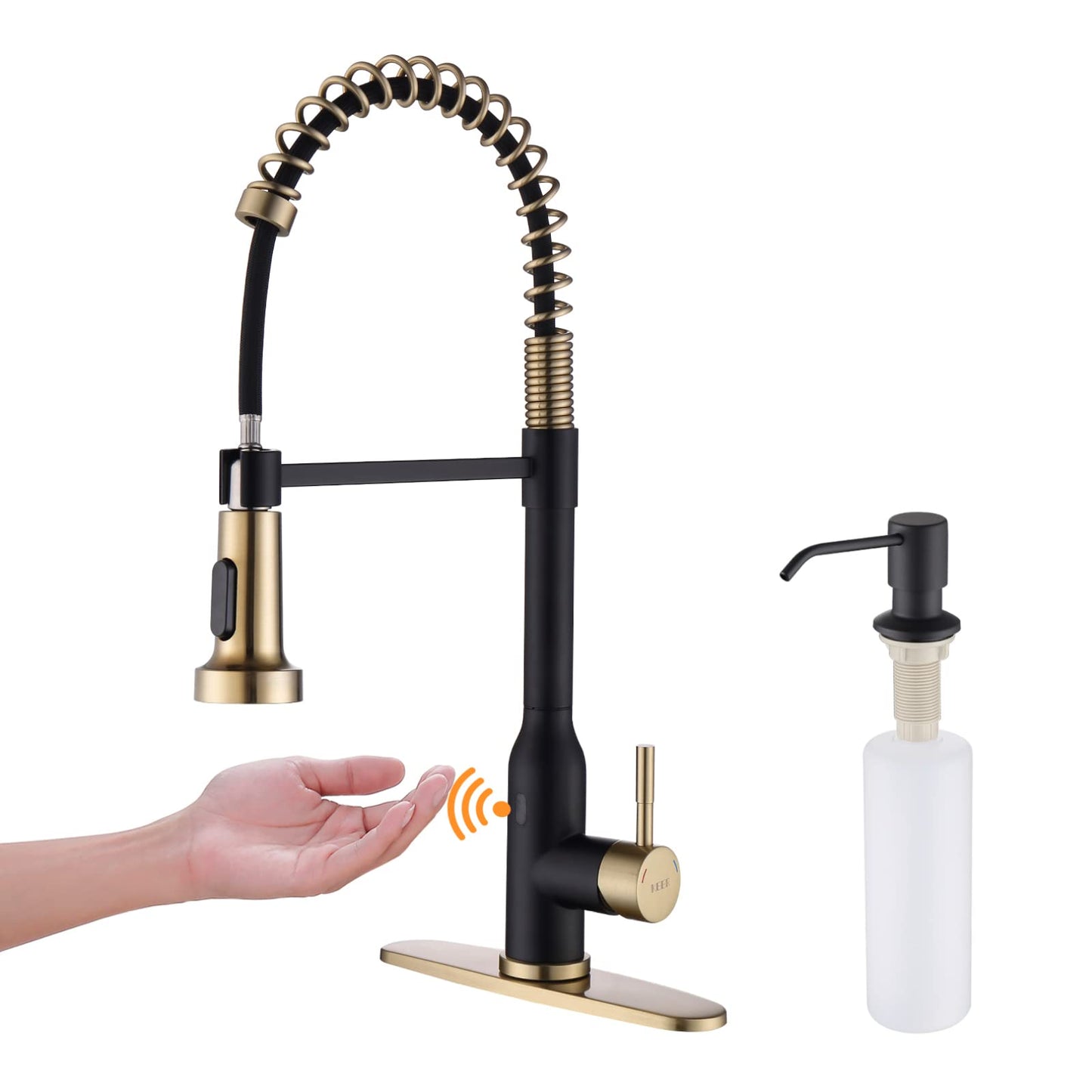Touchless Kitchen Faucet ， KEER Smart Motion Sensor Hands Free Single Handle Spring Kitchen Sink Faucet with Pull Down Sprayer,Matte Black Gold