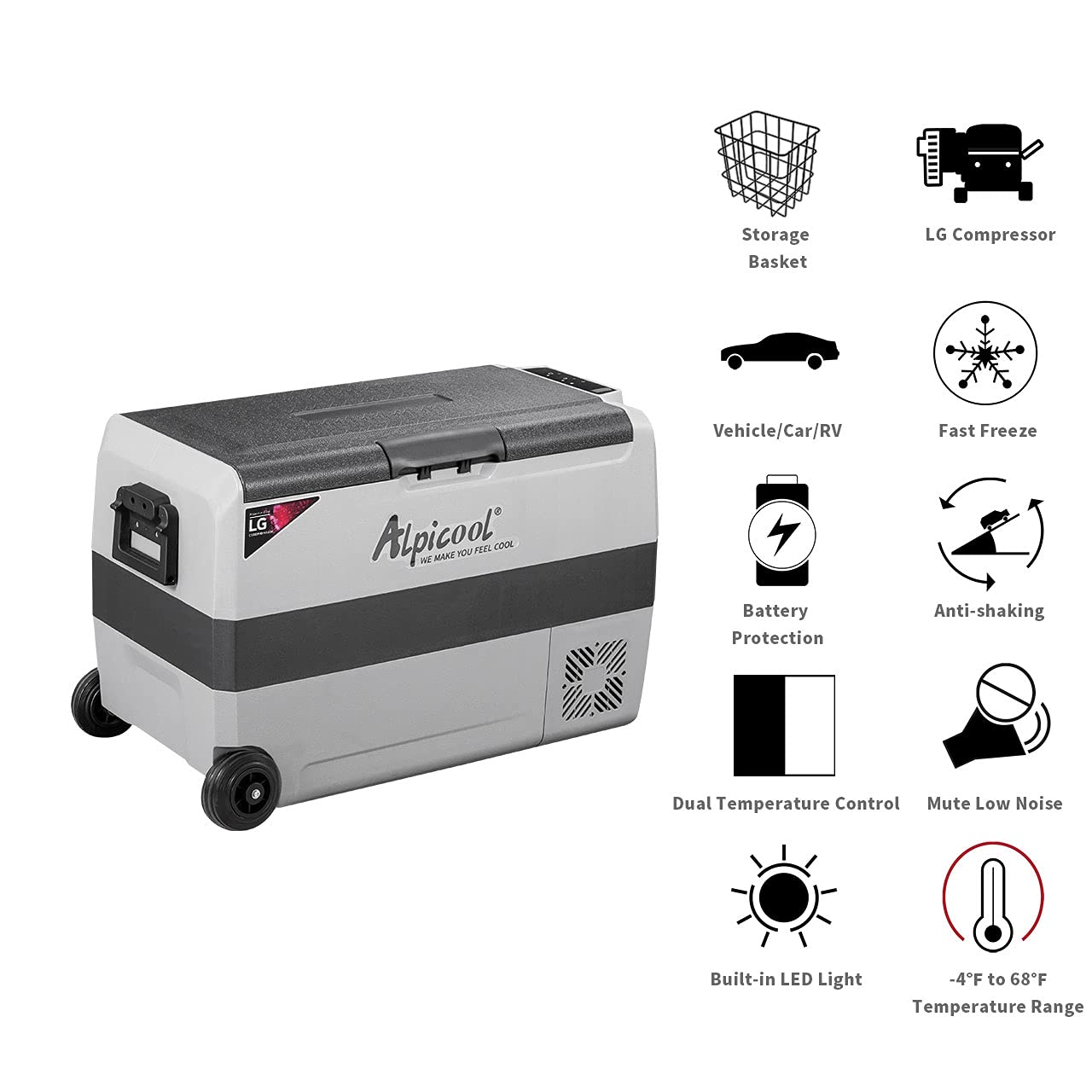 Alpicool LGT50 Dual Temperature Control 12 Volt Refrigerator 53 Quart Portable Car Fridge Freezer (-4°F~68°F) for Truck, RV, Boat, Camping and Travel