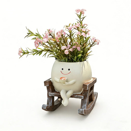 Smiley Face Planter Pot, Cute Rocking Chair Plant Pots for Indoor Outdoor, Unique Funny Drinking Coffee Flower Pot with Drainage Hole, Succulents Plant Gifts for Mother's Day, Birthday, Christmas