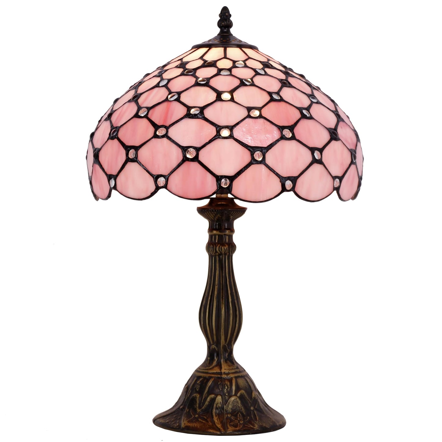 WERFACTORY Tiffany Lamp Pink Stained Glass Bead Table Lamp Desk Bedside Reading Light 12X12X18 Inches Deco Bedroom Living Room Home Office S005 Series