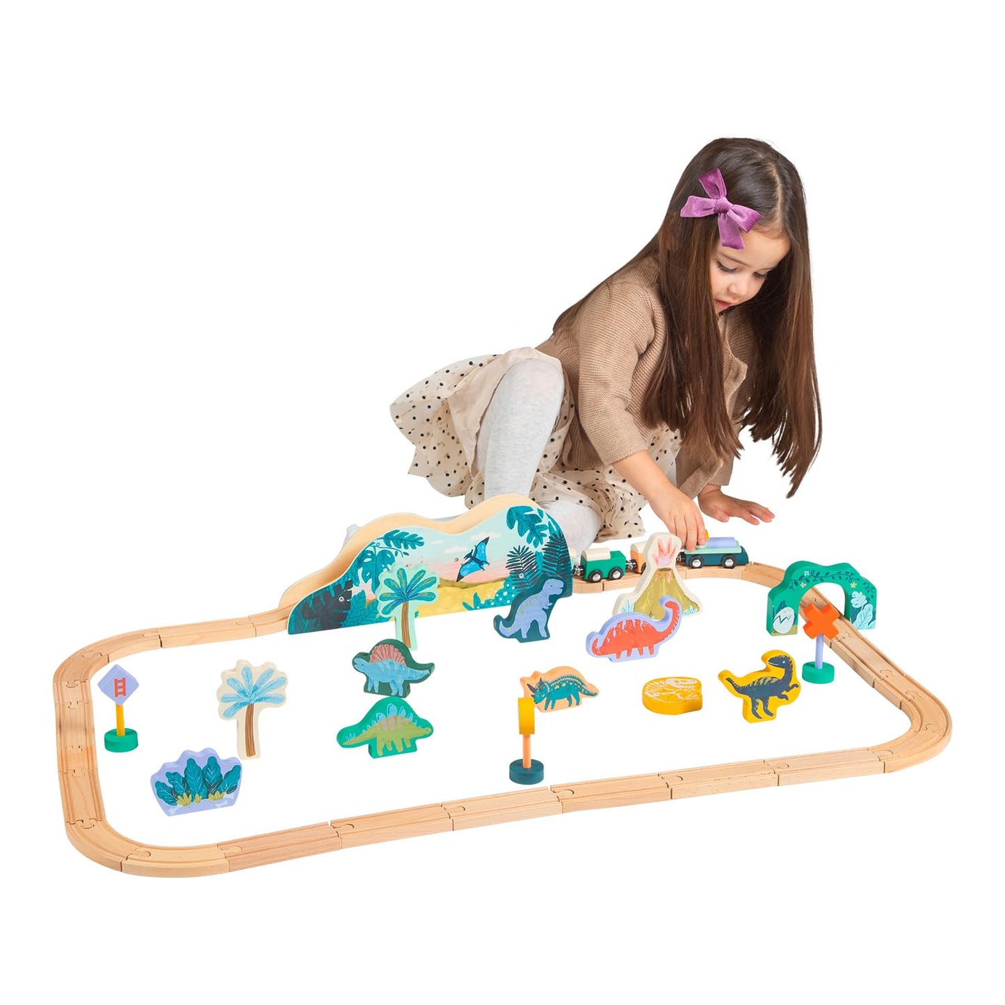 Manhattan Toy T-Rex Express 45-Piece Jurassic-Themed Wooden Toy Train Set for Toddlers 3 Years and Up