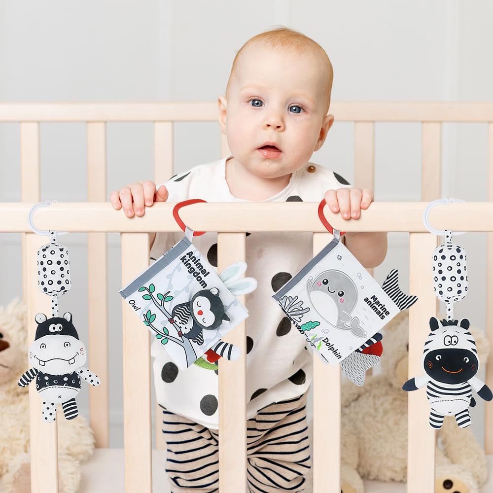 Baby Hanging Rattle Toys, Black and White High Contrast Baby Toys, Stroller Mobile Toy with Soft Plush Animal Rattles and Soothing Sounds, 4 Pack (Animal)