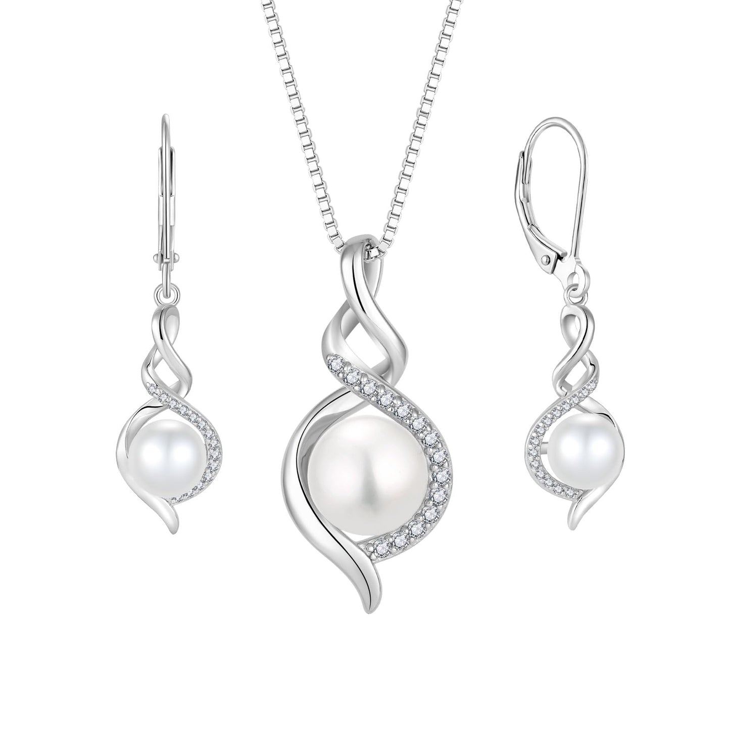 Rocayi Pearl 925 Sterling Silver Infinity Earrings and Necklace Jewelry Set for Women