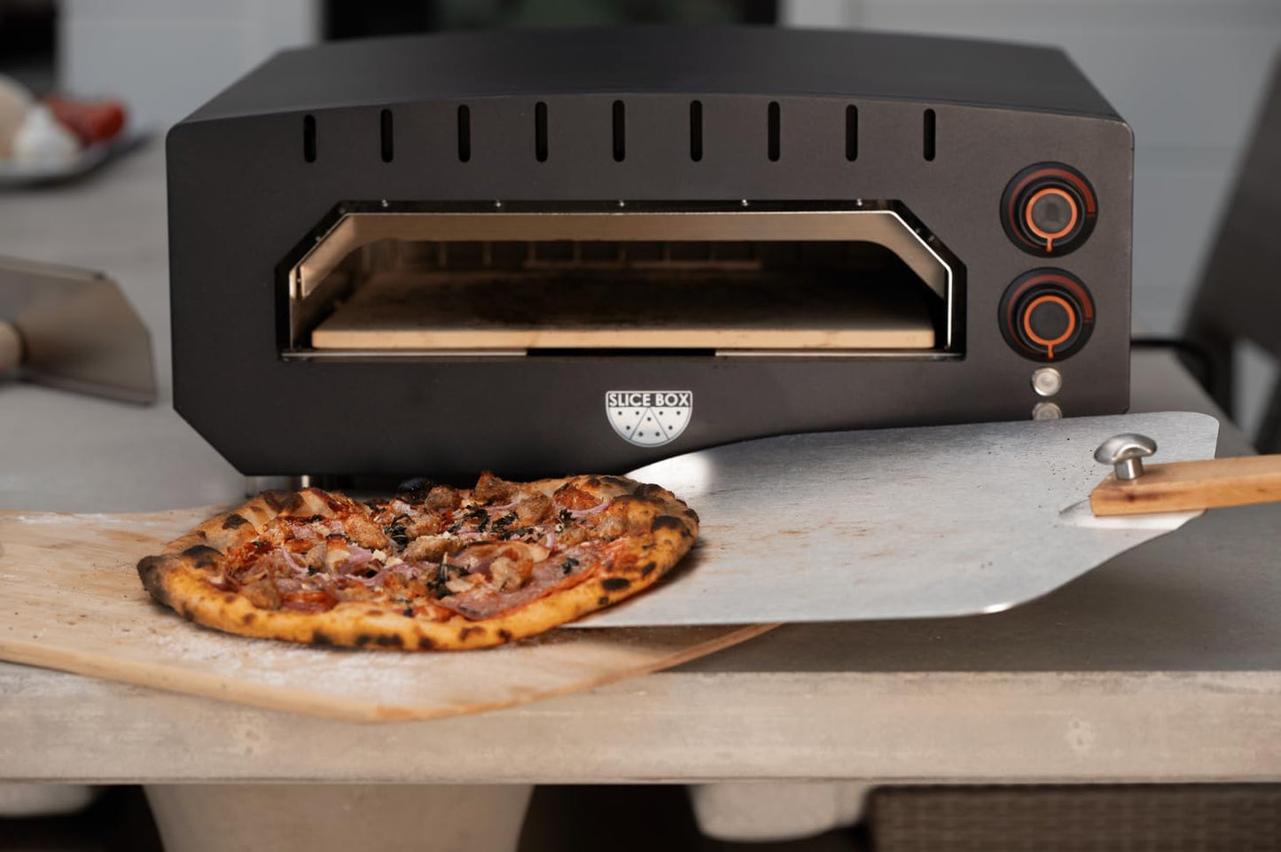 Aspect Living Slice Box Outdoor Electric Pizza Oven, Countertop Cooking, Heats Up to 750 Degrees, Digital Thermometer, Pizza Stone, and Pizza Peel Included, Perfect for Indoor and Outdoor Use - 64900