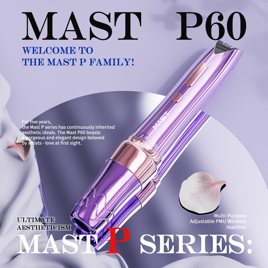Mast P60 Tattoo Gun Wireless Tattoo Pen Machine, 5 Strokes Length 2.2mm - 3.2mm, 121g/4.2oz Lightweight, Gold Color for Pro Artists