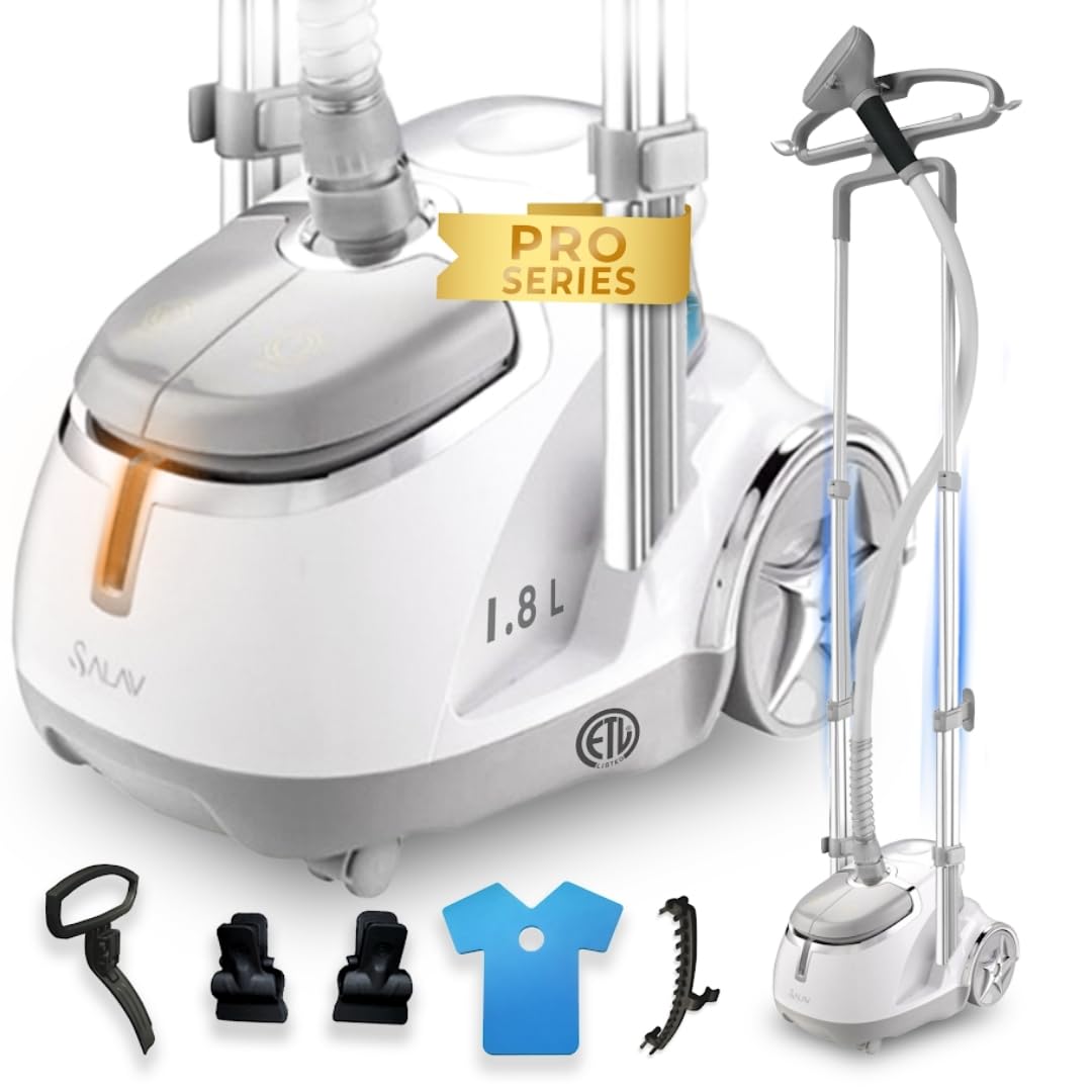 SALAV GS45-DJ Professional Upright Garment Steamer with Roll Wheels, Multi-Function Extra Wide Hanger, Fabric Brush & Mini Ironing Paddle, 1500 watts, Silver