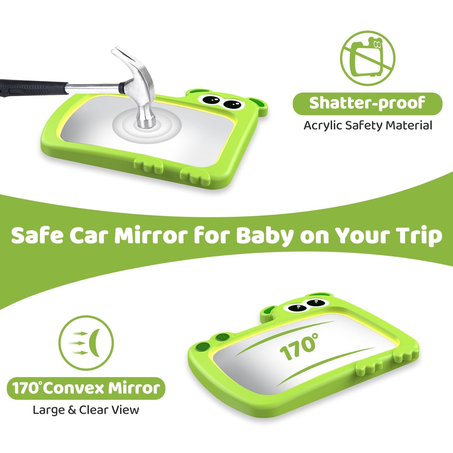 2-in-1 Baby Car Mirror with Lights & Soft Sounds, Cry Detector, Clear Night View, 360° Rotation, Shatterproof, Rear Facing Baby Car Seat Mirror with Remote Control, Perfect Baby Shower Gifts (Green)