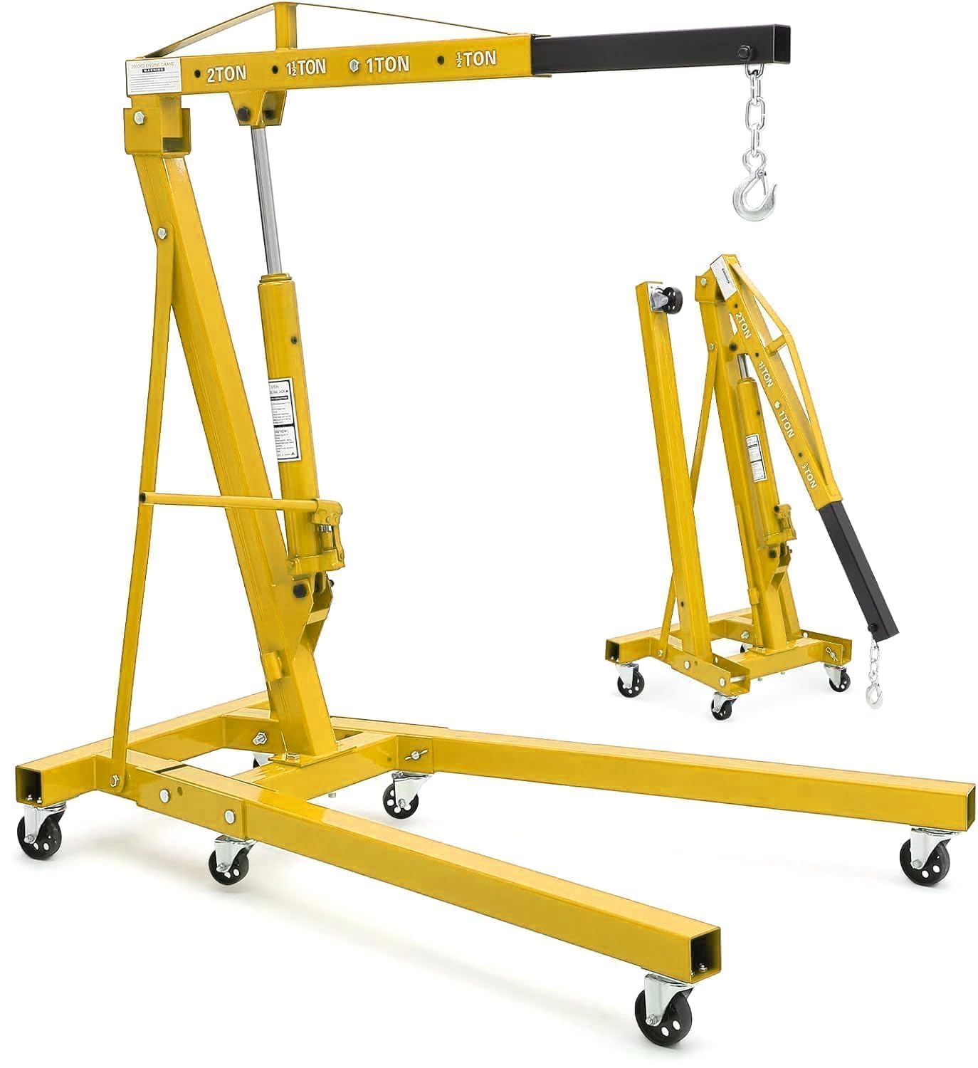 2 Ton Folding Hydraulic Engine Hoist Cherry Picker, 4400 Lbs Capacity, Adjustable Telescoping Boom, Heavy Duty Shop Crane No Load Leveler & 6 Swivel Wheels, for Garage Workshop Warehouse Automotive