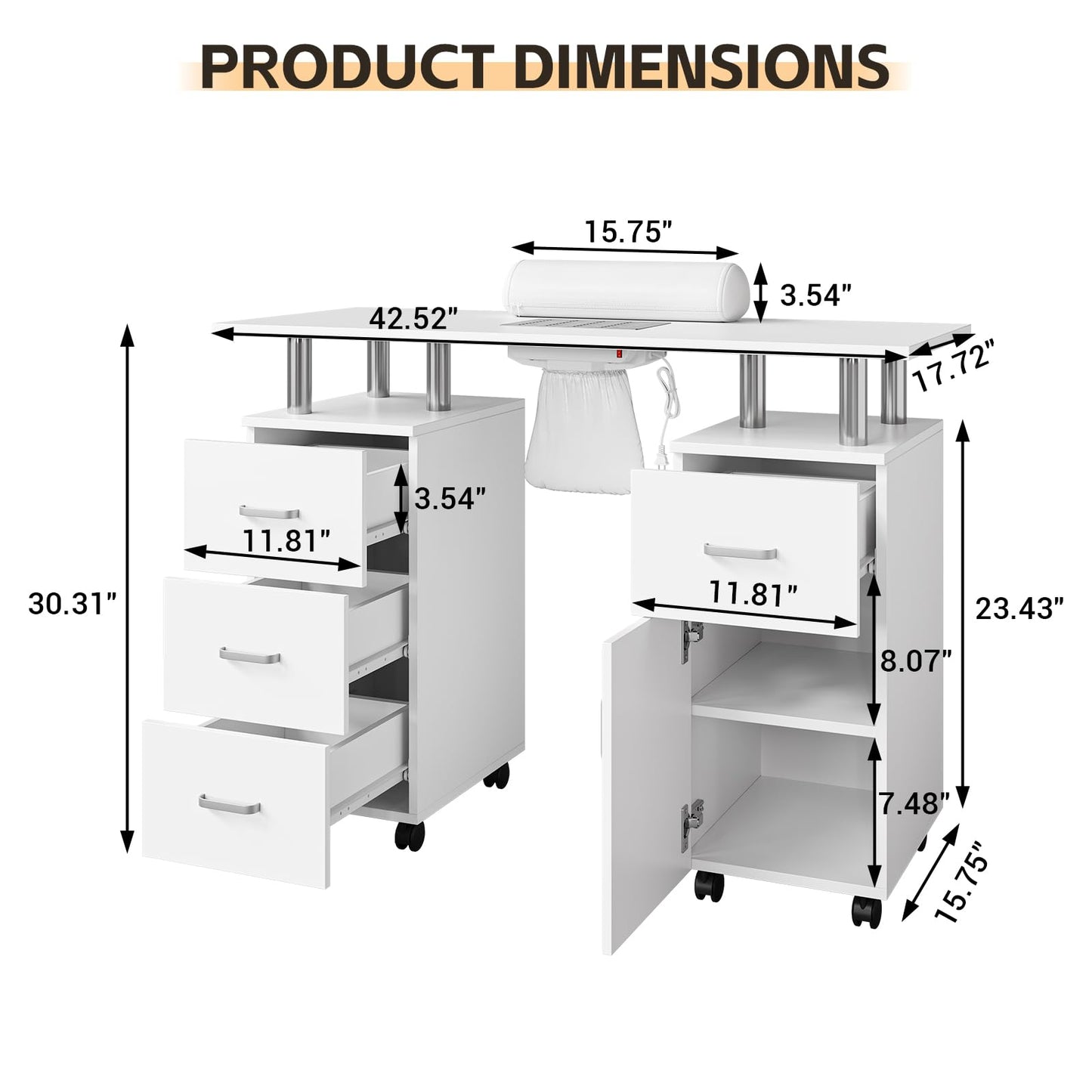 Manicure Table, Nail Desk Station for Nail Tech with Electric Downdraft Vent & Locking Castors & Wrist Cushion, Manicure Desk with 4 Drawers & 1Cabinet Manicure Table for Spa Beauty Salon, White