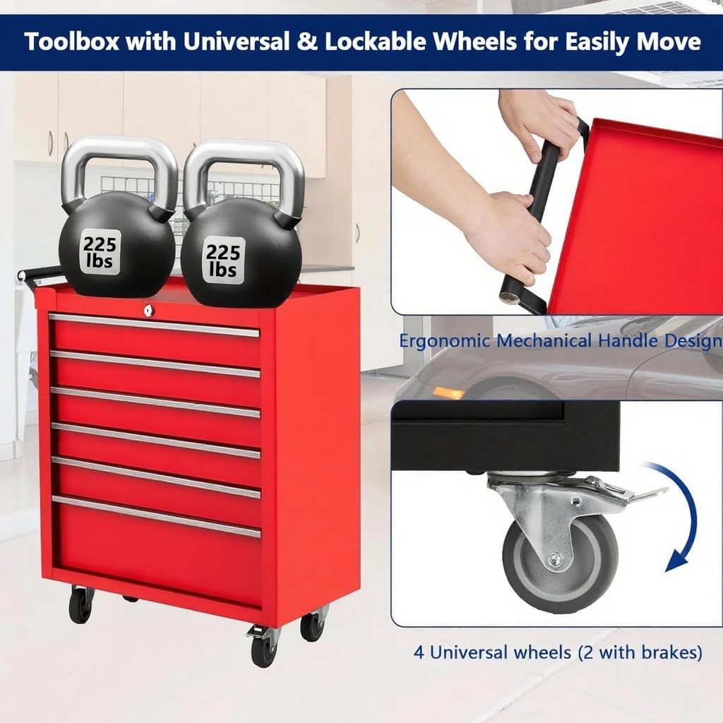 GarveeTech 6-Drawer Tool Chest, Rolling Tool Box with Wheels and Lock System, Portable Storage Rolling Tool Chest for Warehouse, Workshop & Repair Shop, Red