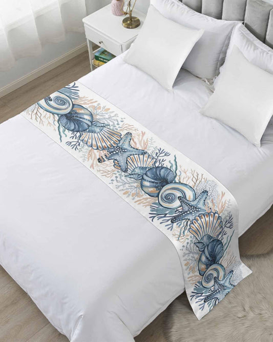 Ldtrchee Bed Runner for King Size Bed, Ocean Seaweed, Decorative Bed Scarf Throws for Foot of Bed, Blue Tropical Fish Starfish Shell Sea Coral Bedding Protector Slipcover for Hotel/Home, 94 x 20 in