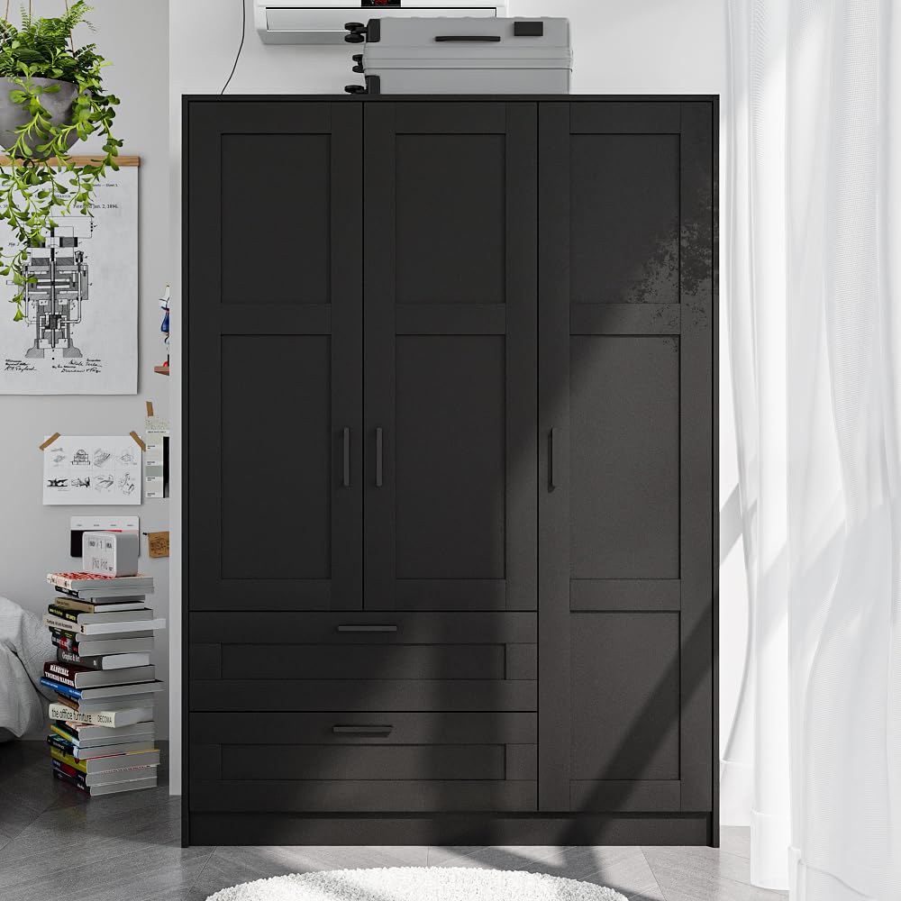 Fddevelop Wood Wardrobe Closet with 3 Doors and 2 Drawer，Bedroom Freestanding Armoire Storage Cabinet with Shelves，Wooden Wardrobe Combination for Hanging Clothes