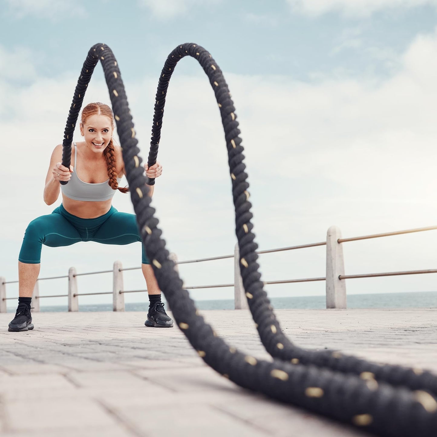 MECCANIXITY Battle Rope 50ft x 2 Inch Polyester Workout Rope Heavy Fitness Exercise Rope for Strength Training Home Gym Muscle Building, Black Red
