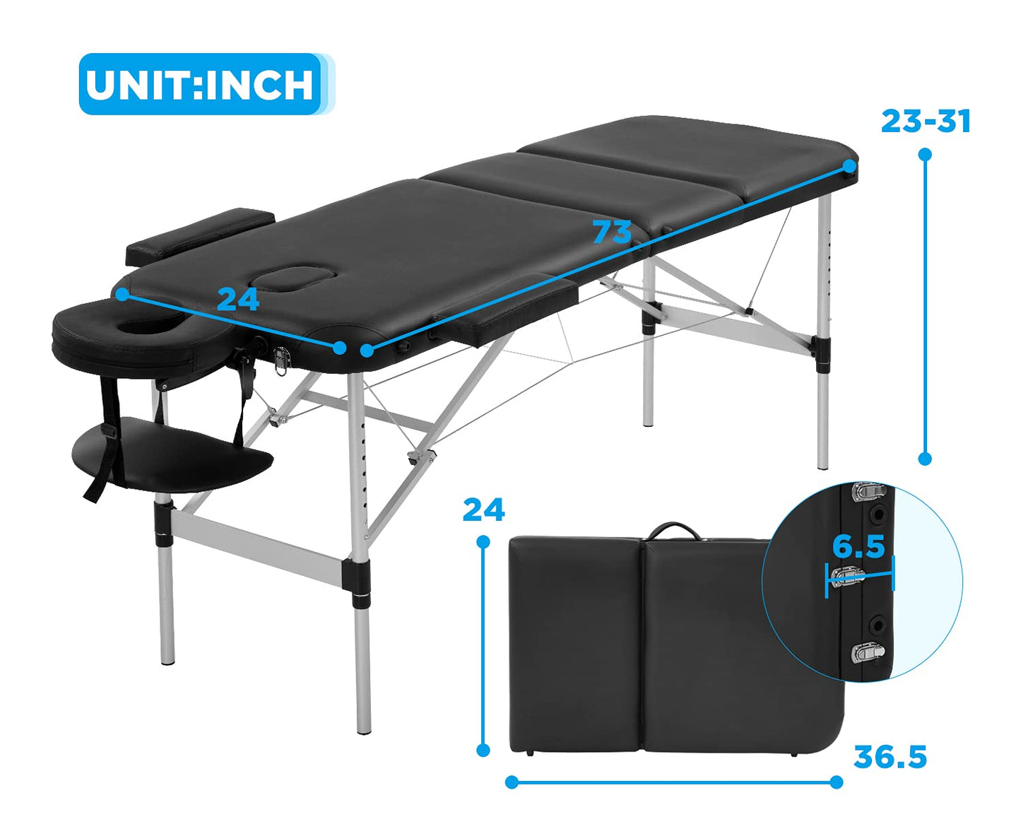 BestMassage Aluminium Massage Bed Portable Massage Table 24 inch Wide Lash Bed Height Adjustable 3 Folding Spa Table with Non-Woven Bag for Spa Footmassage Facial CareSpa Tattoo