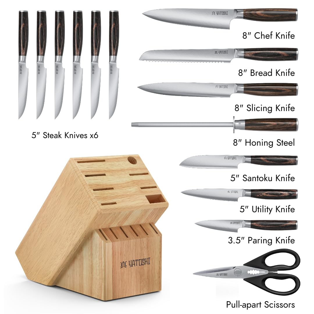 Yatoshi 15 Piece Knife Block Set - Pro Kitchen Knife Set Ultra Sharp High Carbon Stainless Steel with Ergonomic Handle