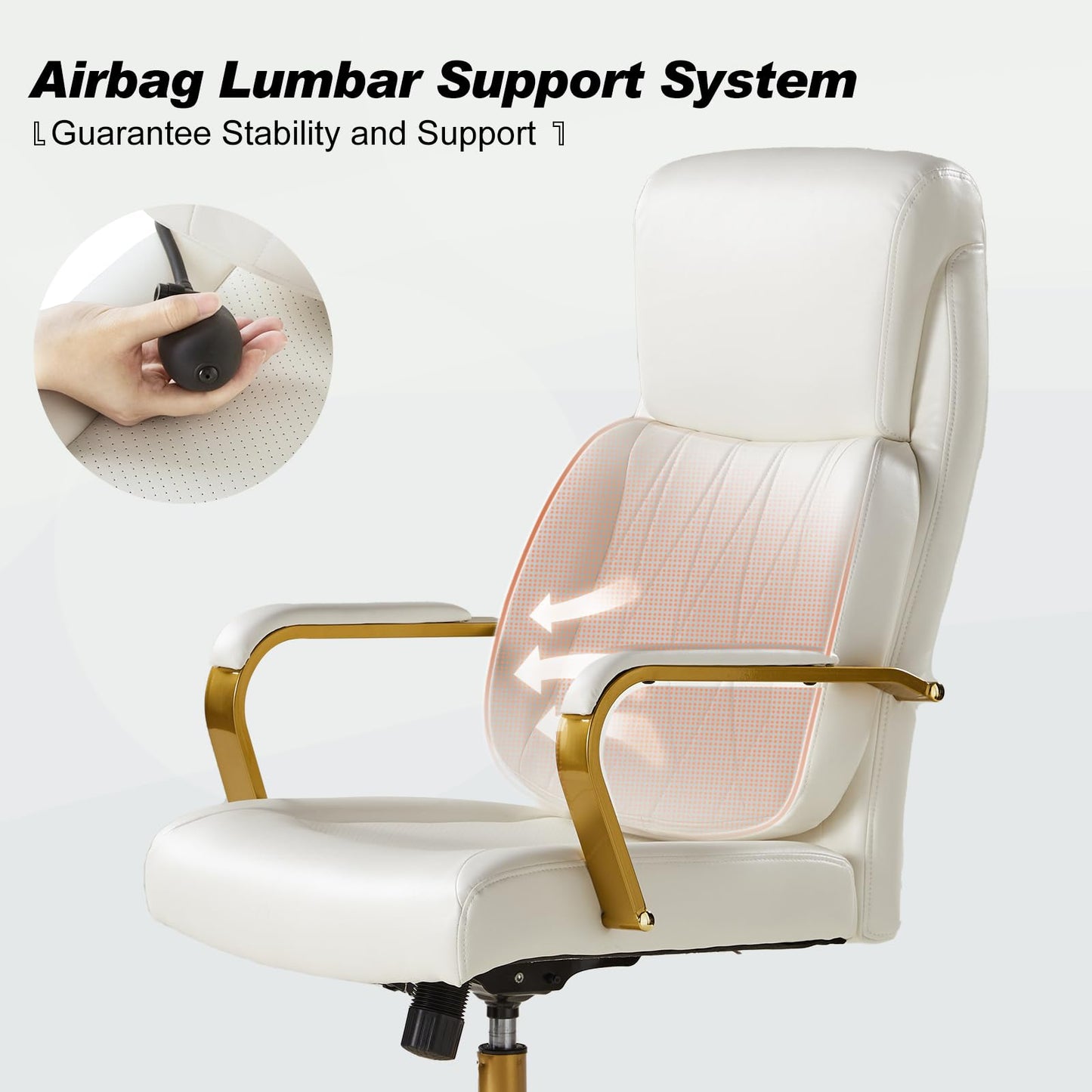 HULALA HOME Executive Office Chair with Adjustable Lumbar Support, Leather Ergonomic Office Chair with Padded Armrests, Tilt and High Back, White and Gold