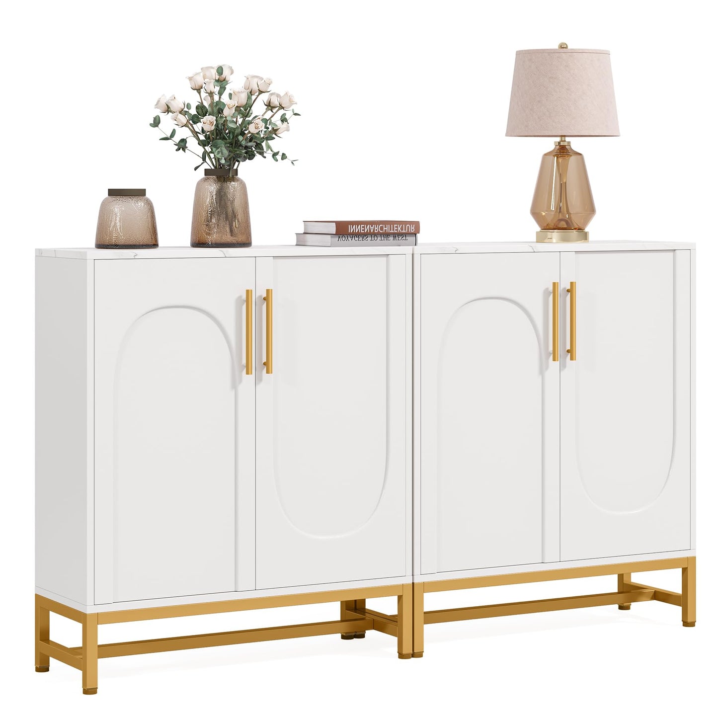 LITTLE TREE Modern Sideboard Buffet with Adjustable Shelf, 4 Doors Storage Cabinet with Faux Marble Top Metal Frame for Living Room Kitchen Dining Room Hallway, White Gold