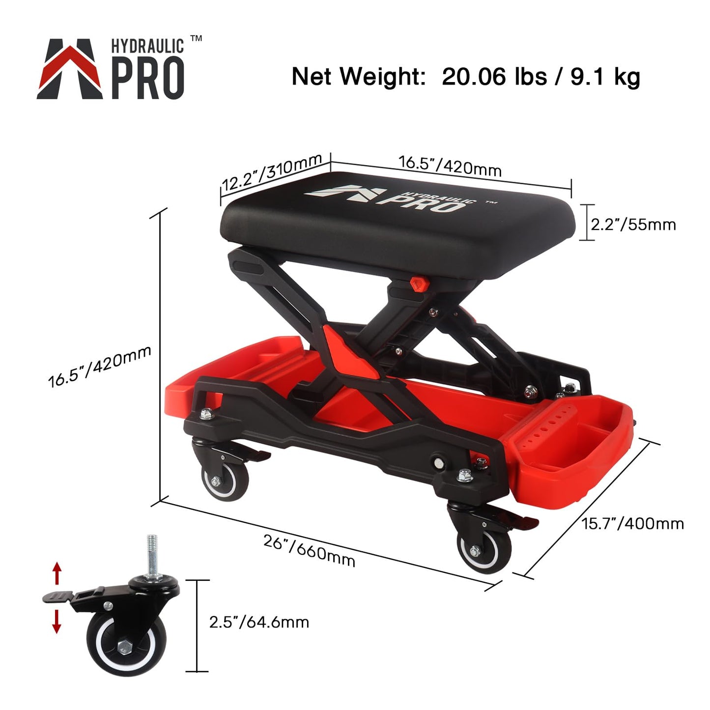 HYDRAULIC PRO Automotive Creeper Seat with Rolling Wheels, 300 LBS Capacity Mechanic Stool, Heavy Duty Garage Stool with Soft Padded Cushion and Tool Trays, Foldable Design for Easy Storage