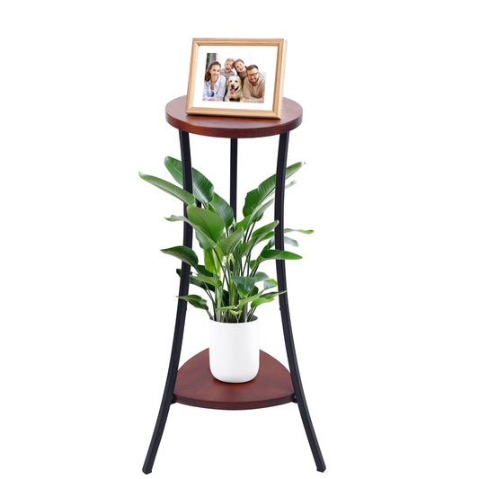 Yedcxup Tall Plant Stand Indoor, 2-Tier Wooden Corner Plant Shelf with Walnut Panel & Black Metal Frame, Easy Assembly No Misalignment, Waterproof for Indoor/Outdoor Use in Living Room, Balcony, Patio