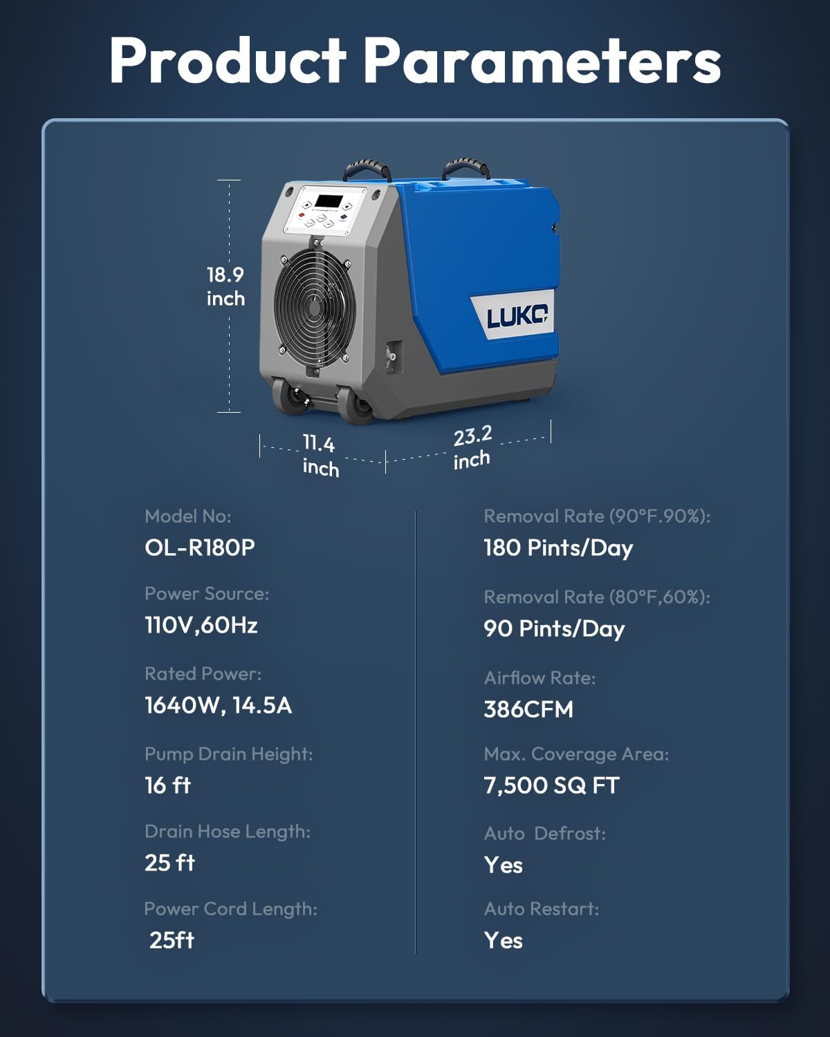 LUKO 180 PPD Commercial Dehumidifier with Pump, Crawl Space Dehumidifier with Continuous Drain Pump, Industrial Strength for Large Spaces, Basement, Post-Flood Drying, 5 Years Limited Warranty