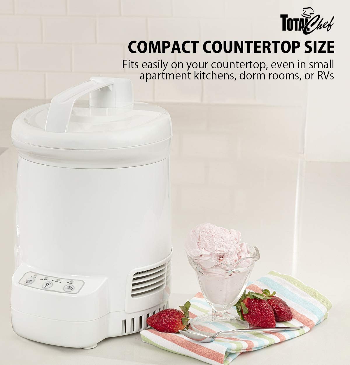 Total Chef Ice Cream Factory Automatic Electric Ice Cream Maker, 1.3 qt (1.2L), White, Make Easy Homemade Frozen Yogurt, Sorbet, Gelato with Fresh Ingredients, No Salt or Pre-Freezing Needed,TCIF06-A