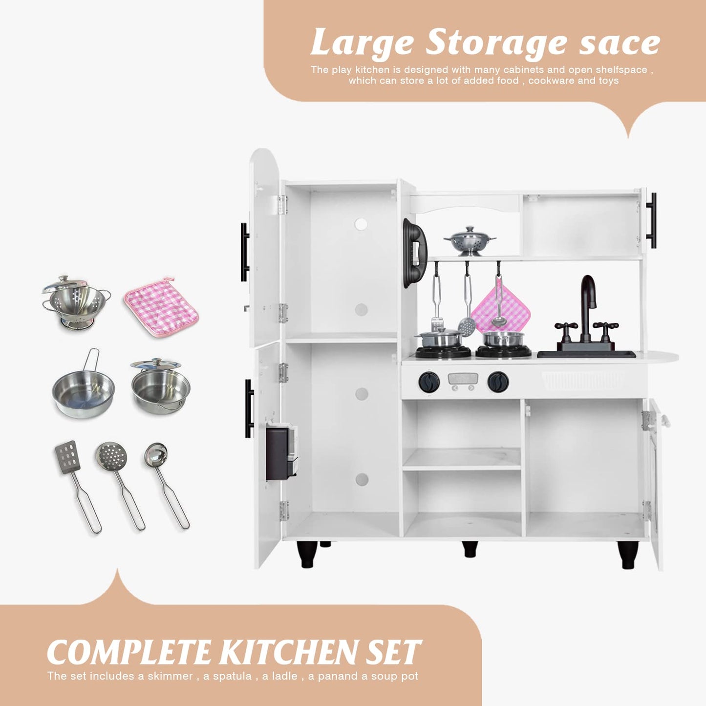 TaoHFE Wooden Kitchen Playset for Toddlers - Kitchen Toy Set with Lights & Sounds for Pretend Play, Gift for Kids Age 3+ (White)