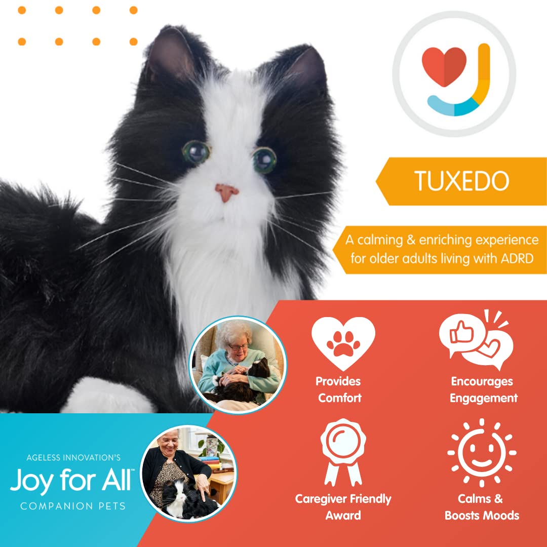 JOY FOR ALL Companion Pet for Seniors - Lifelike Animatronic Cat - Realistic Soft-Touch Fur & Purring - Therapy Stuffed Animal - Toy for Alzheimer's & Dementia - Tuxedo