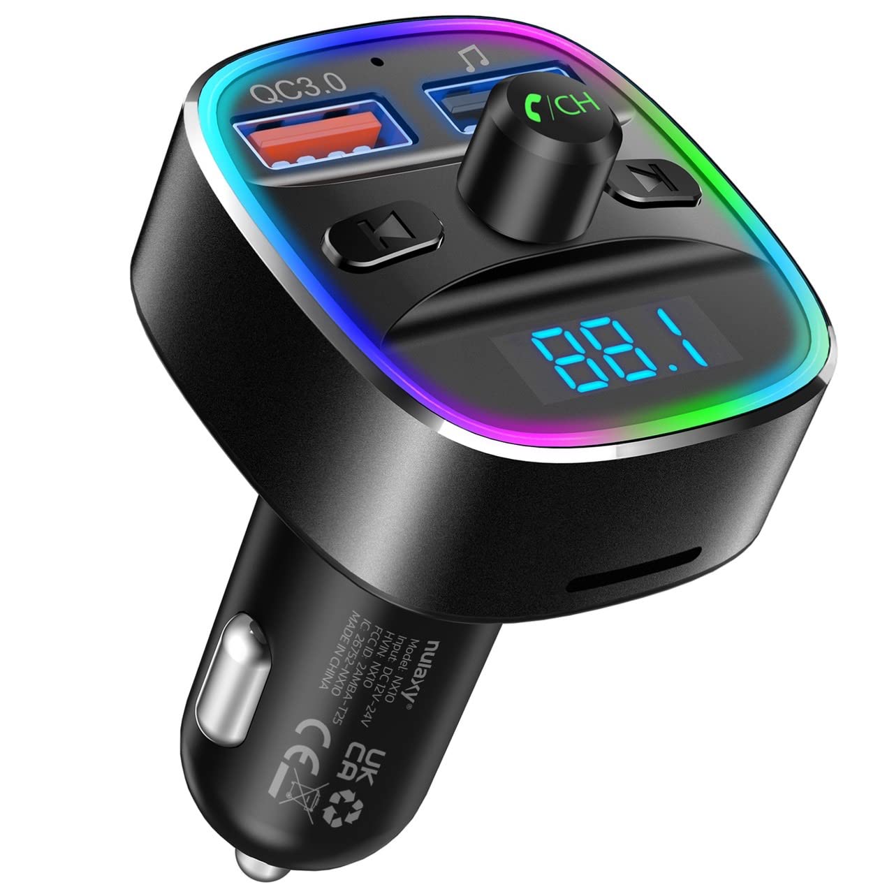 Nulaxy Bluetooth FM Transmitter, Bluetooth Car Adapter with Dual USB Charger Wireless Radio Car Kit MP3 Player Support TF Card & USB Disk, Hands-Free Calling, 7 Colors Led Backlit Light, Black