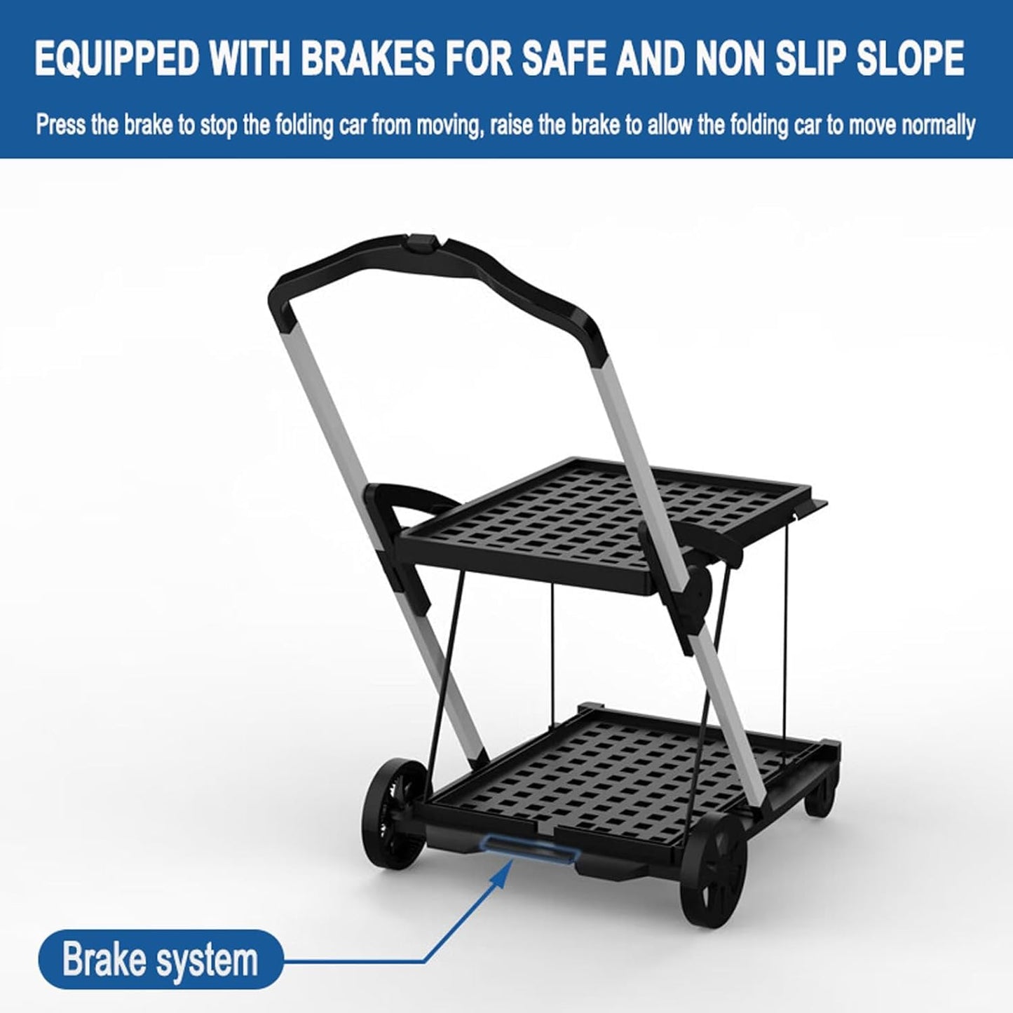 Shopping Cart with 2 Storage Crates, Multi Use Functional Collapsible Carts with 360° Rolling Swivel Wheels Heavy Duty Folding Trolley for Shopping, Picnic and Office