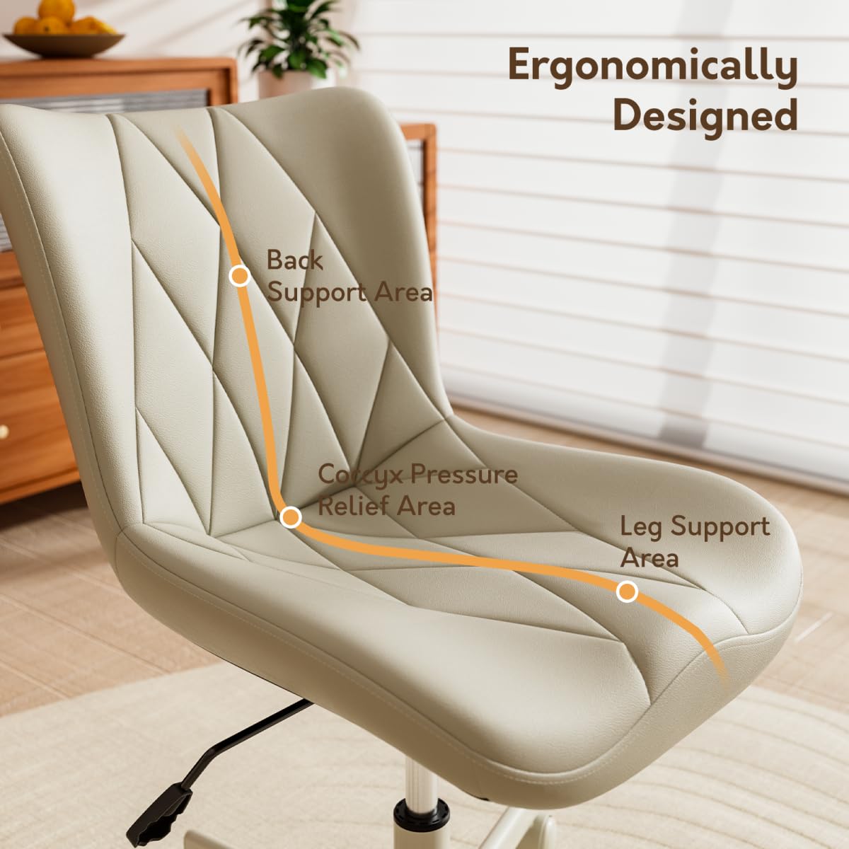 JULYMON Armless Desk Chair, Morden Home Office Chair no Arms, Adjustable Height & Rocking Computer Chair, PU Leather Vanity Chair, Ergonomic Seat Soft Padded Desk Chairs for Home Small Space, Beige