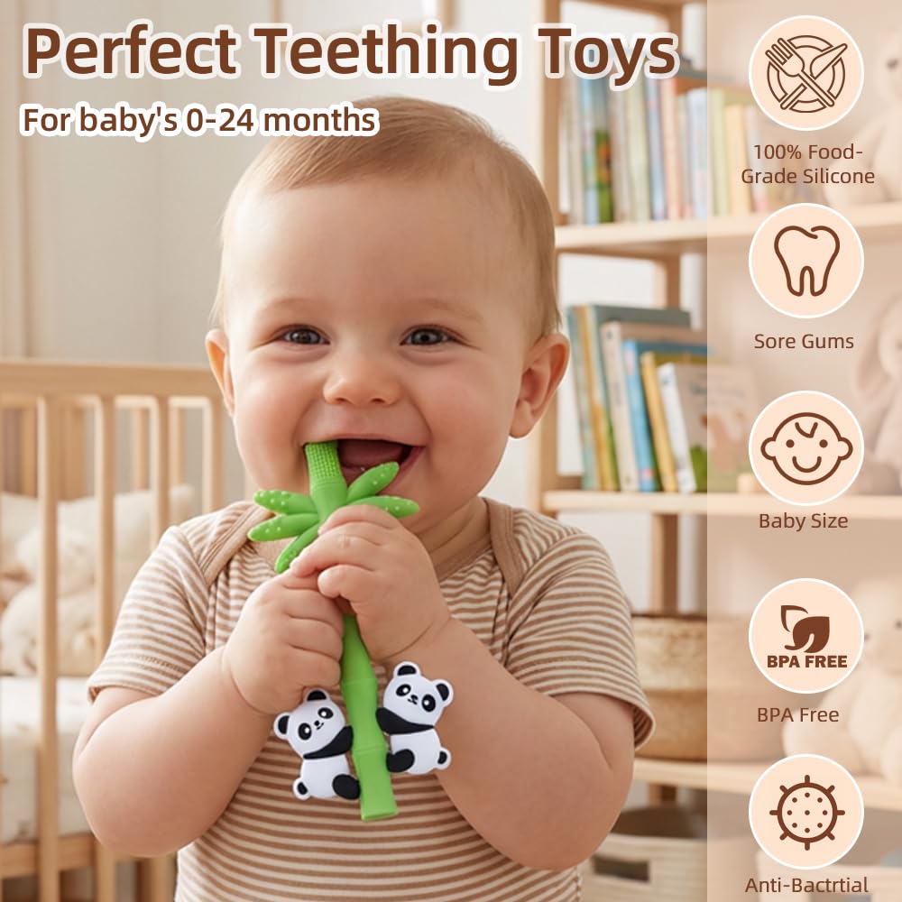 Baby Teether Toy Panda Shape Silicone Teething Toys for Babies 0-24 Months, Chew Toys for Infants Teething Relief, Hollow Tube Toothbrush Head for Gum Massage and Self-Brushing Training, Easy to Grip