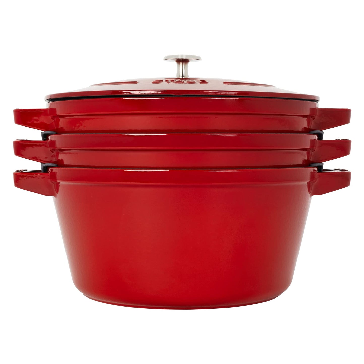 STAUB Cast Iron Set 4-pc, Stackable Space-Saving Cookware Set, Dutch Oven, Skillet, Grill Pan with Universal Lid, Made in France, Cherry