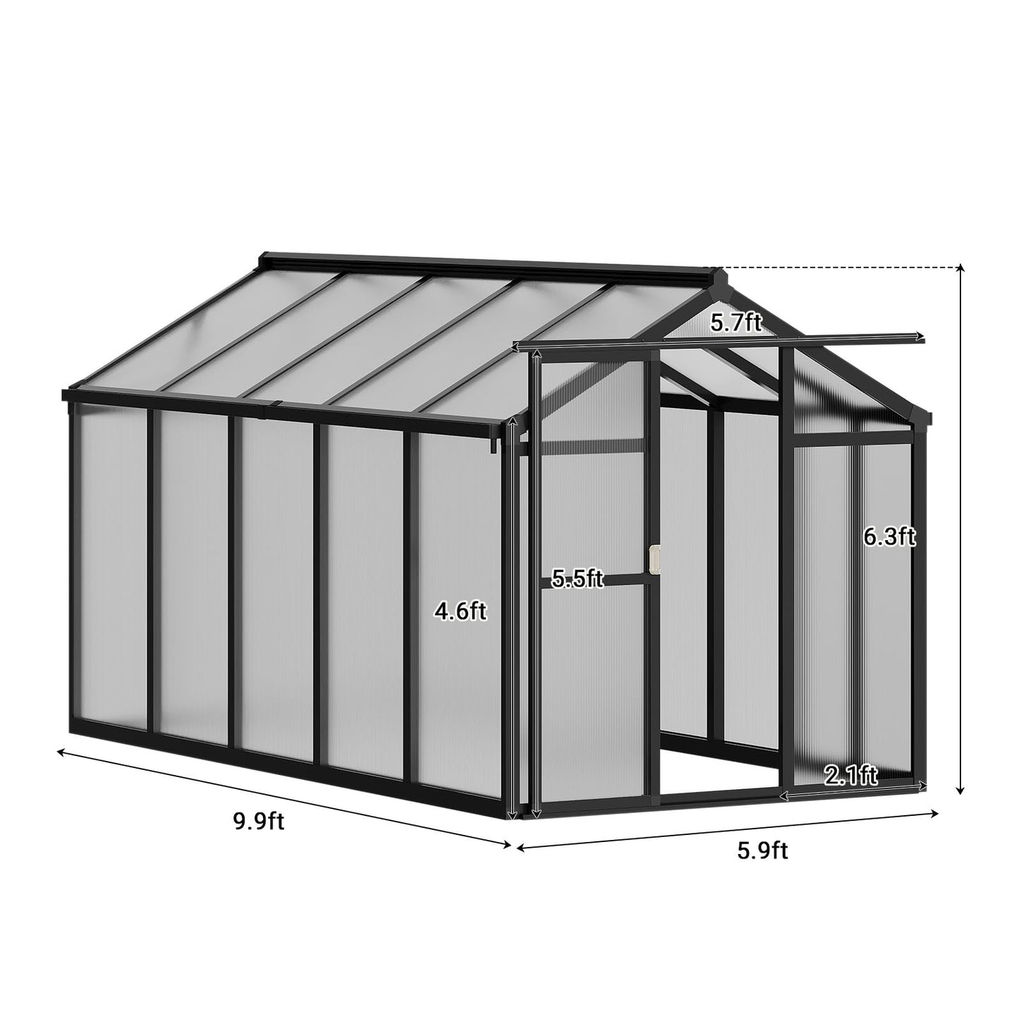 6x10 FT Greenhouse, Easy Assembly Aluminum Polycarbonate Greenhouses for Outdoors with Roof Vent, Large Aluminum Walk-in Greenhouse for Sunroom Patio, Backyard, Garden, Sliding Lockable Door, Black