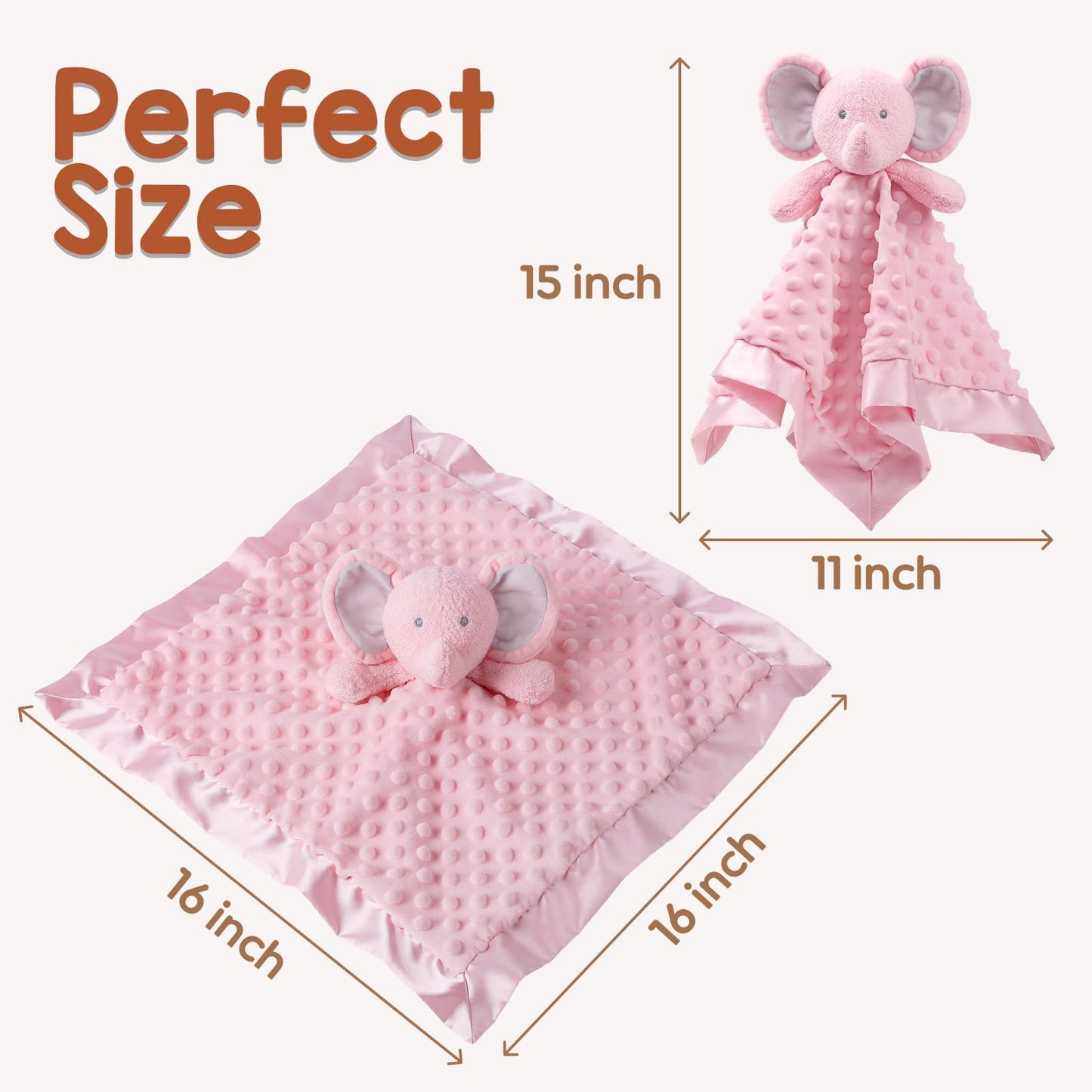 MOVEPAI Baby Security Blanket, Soft Baby Lovey Toy Blanket for Girls, Snuggle Toy Lovie Newborn Gift, Stuffed Animals Pink Elephant 16 Inch