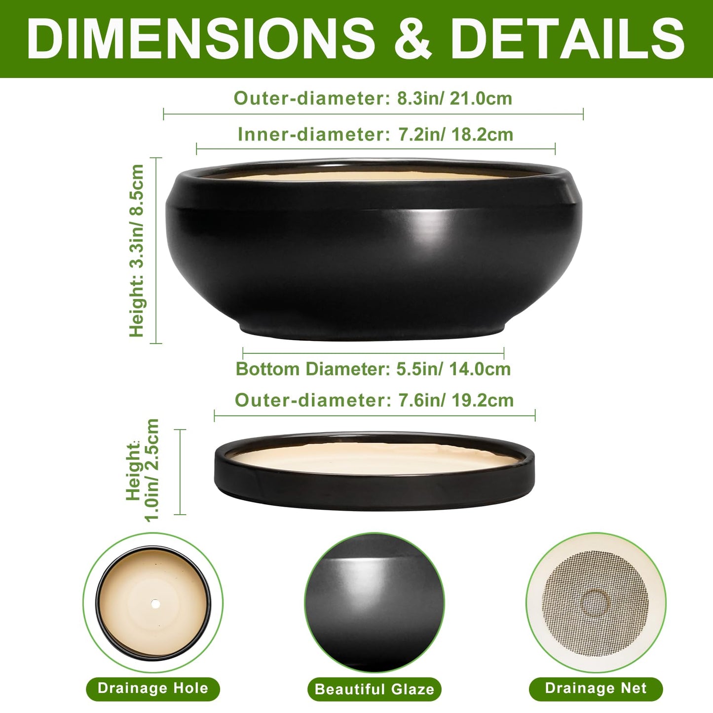 EPFamily Succulent Planters 8 Inch - Ceramic Bonsai Pots for Indoor Outdoor, Round Succulent Pots with Drainage Hole and Saucer, Modern Shallow Planter Bowl, Garden Home Decor, Birthday Gifts, Black