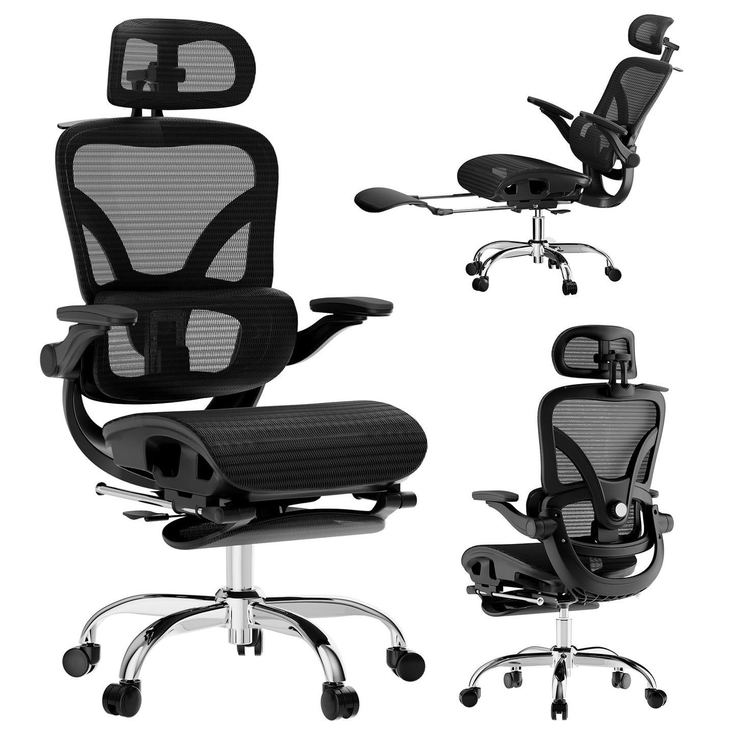 Alllion Ergonomic Mesh Office Chair, Home Desk Chair Comfy High Back with Adjustable Lumbar Support, 3D Headrest, Flip-up Arms, Big and Tall Reclining Computer Gaming Chairs for Men Women, Black