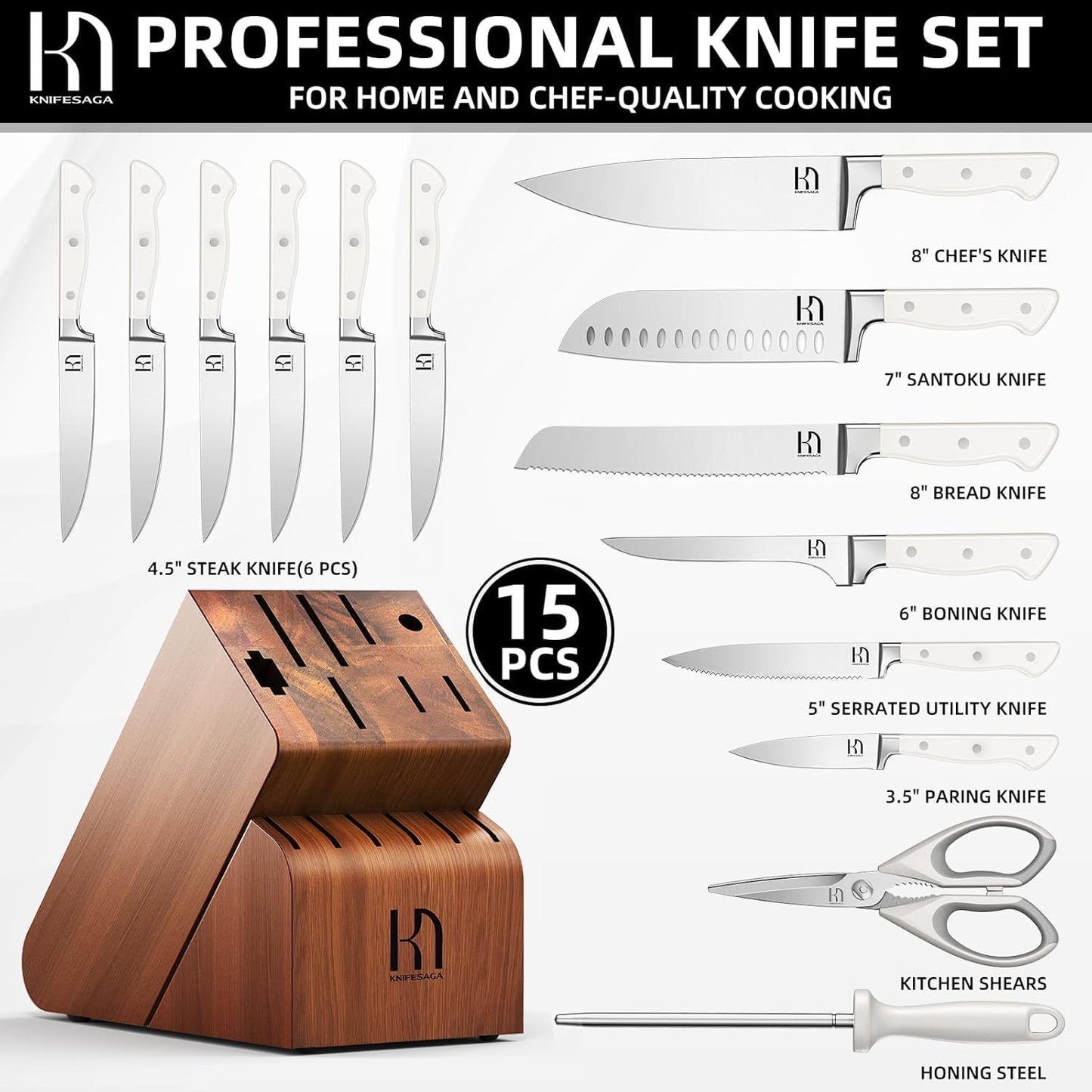 15 Pcs Kitchen Knife Block Set, Enduring Razor-Sharp High Carbon Stainless Steel Chef Knife Set with Block and Sharpener, Premium Knife Set for Kitchen, White Acacia