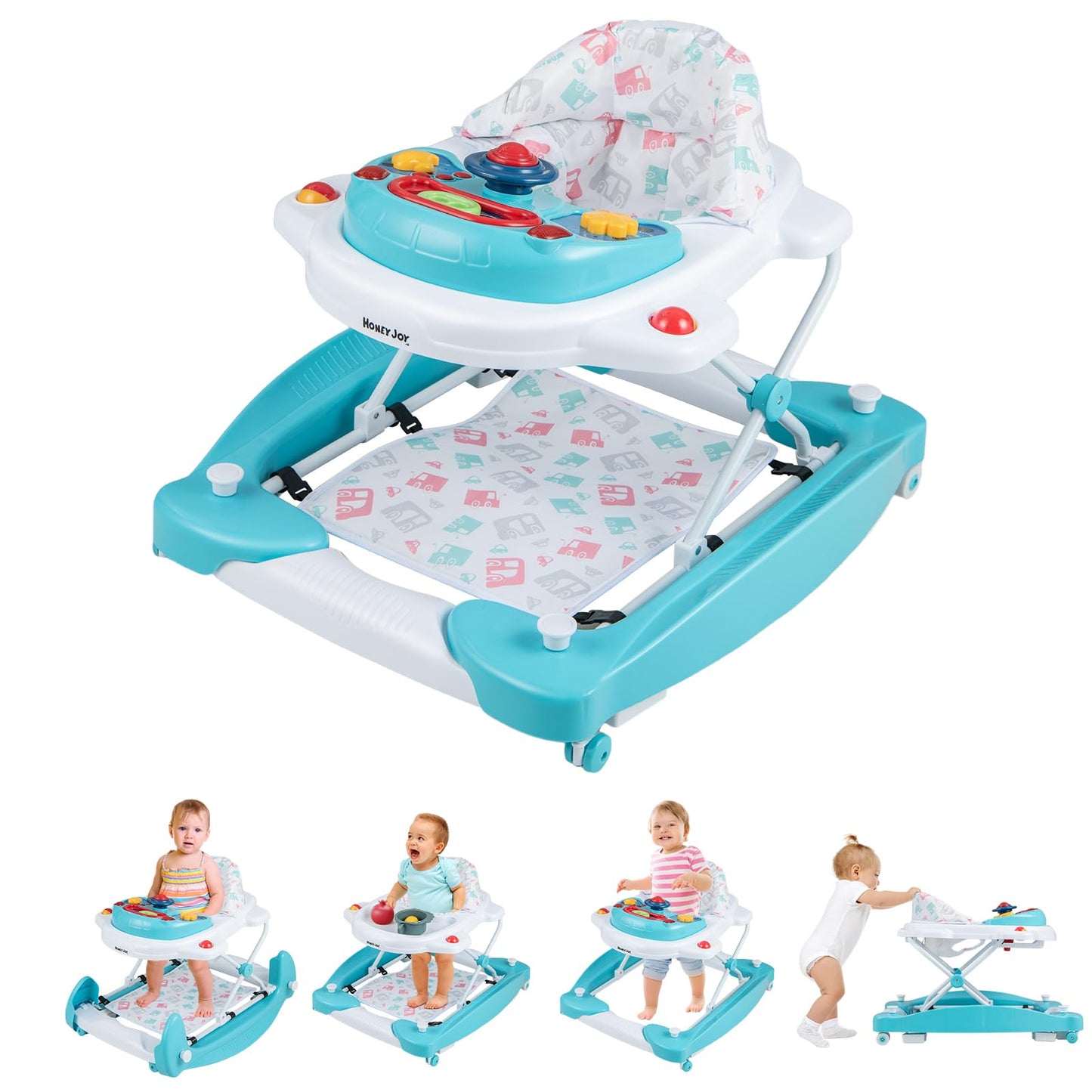 HONEY JOY Baby Walker, 6-in-1 Foldable Baby Walker and Bouncer Combo, Infant Activity Walker with Wheels, Adjustable Heights, Rocker, Music, Lights, Walker for Baby Boy Girl 7-14 Months (Green)
