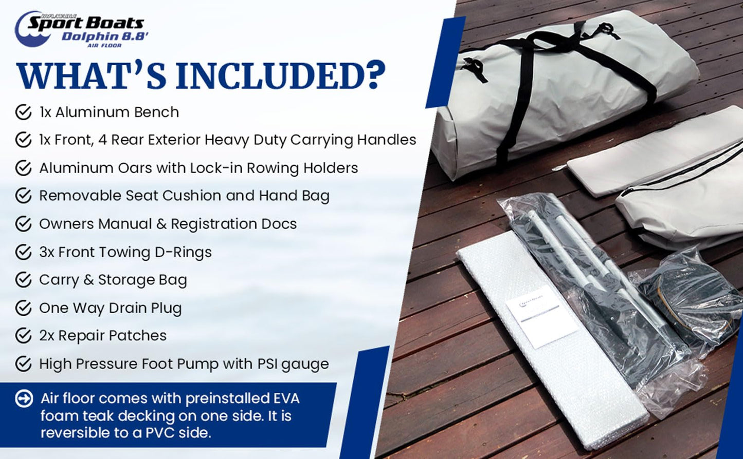 Inflatable Sport Boats Dolphin 8.8' Air Floor with EVA Foam Teak decking - Premium Heat Welded Dinghy
