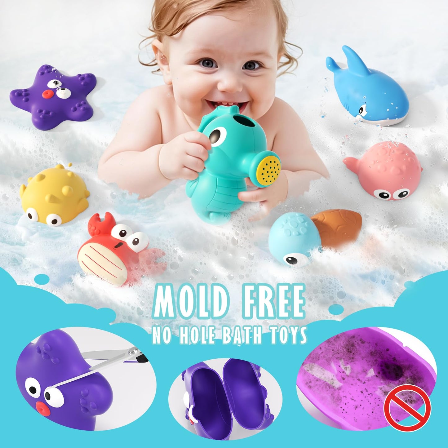 Mold Free Baby Bath Toys for Toddlers 1-3, No Hole Ocean Animal Bathtub Set with Mesh Organizer, Sensory Water Play for Infants 6-12 Months