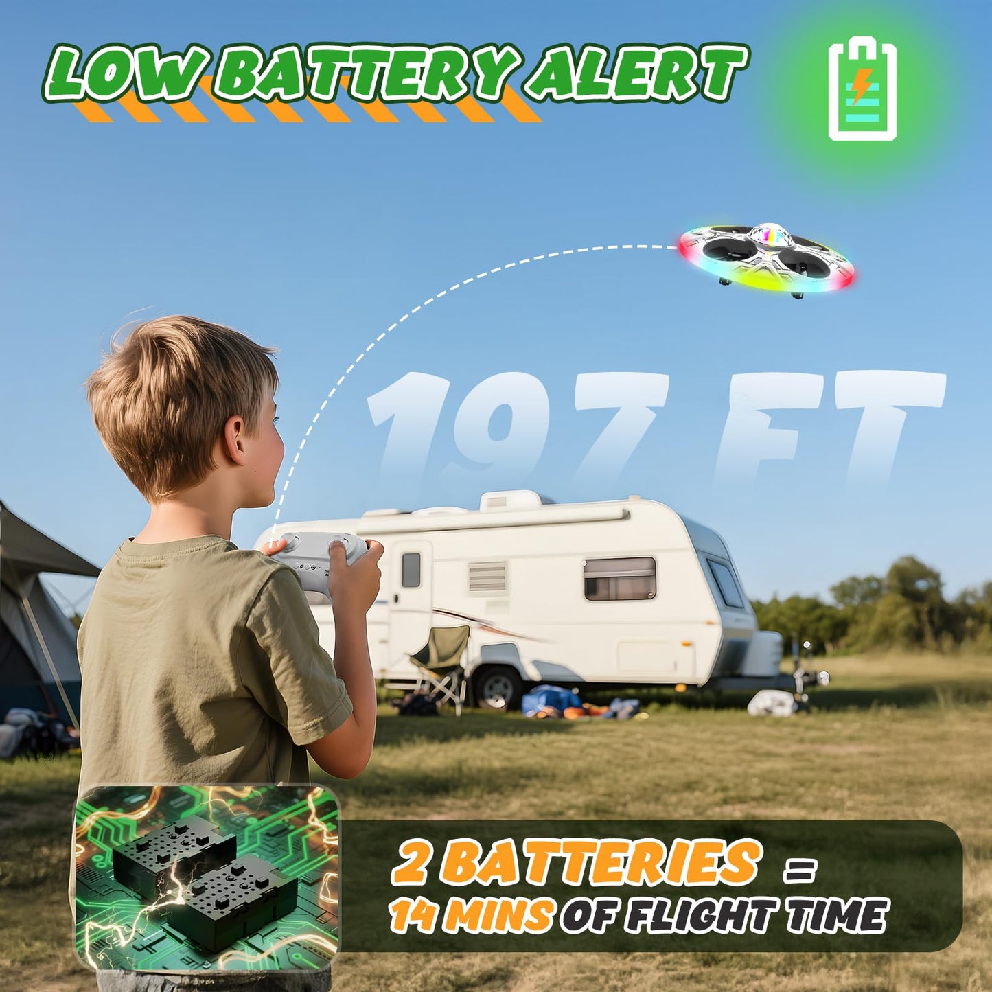 Mini UFO Drone for Kids – RC Plane Flying Airplane Toy Remote Control Helicopter with LED Lights, Auto Hover, 2 Batteries(14 Min Flight)