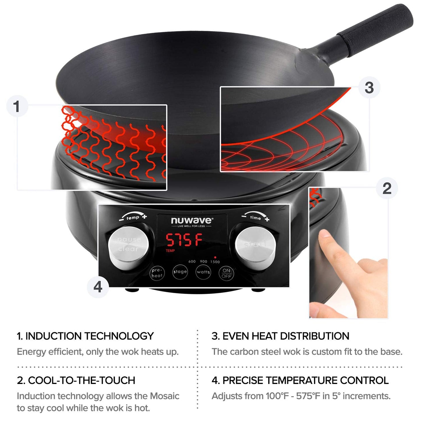 Nuwave Pro Chef Induction Cooktop, Commercial-Grade, Portable, Powerful 1800W, Large 8” Heating Coil & Mosaic Induction Wok, Precise Temp Controls from 100°F to 575°F in 5°F