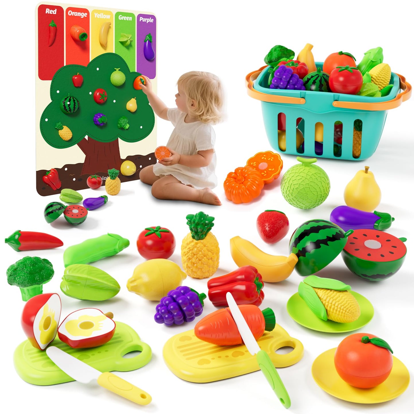 Mimiblooms Play Food Set with Cutting Fruits&Felt Tree Mat, Pretend Food Play Kitchen Accessories, Toy Kitchen Food Playset for Toddlers, Preschool Learning Toys for Kids Ages 3 4 5 6 Boys Girls Gift