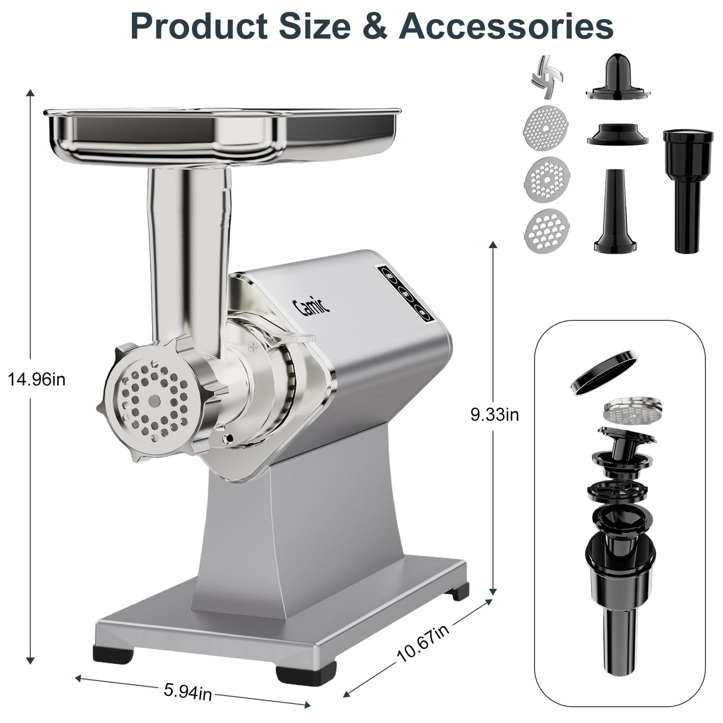 Camic Electric Meat Grinder - 300W Sausage Stuffer for Home Kitchen Use Meat Mincer with Stainless Steel 3 Plates, 1 Blade, Sausage Tube, Kubbe Maker