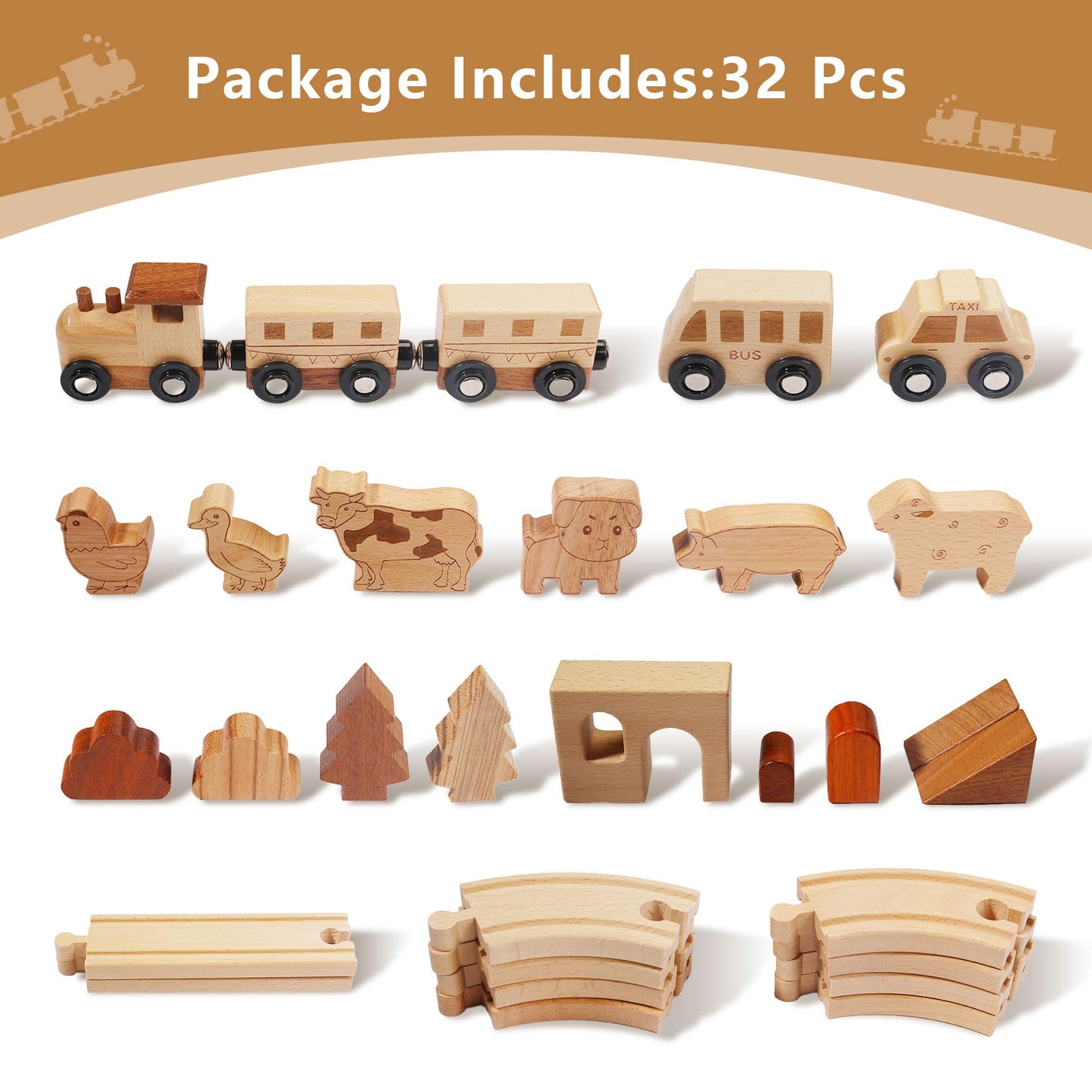 Miosea 32PCS Wooden Train Set for Toddlers, 10.6 by 8.66 Inch Compact Size Double-Side Tracks Expandable Montessori Toys Compatible with Educational Fine Motor Skills Toy for 3 Year Old Boys Girls