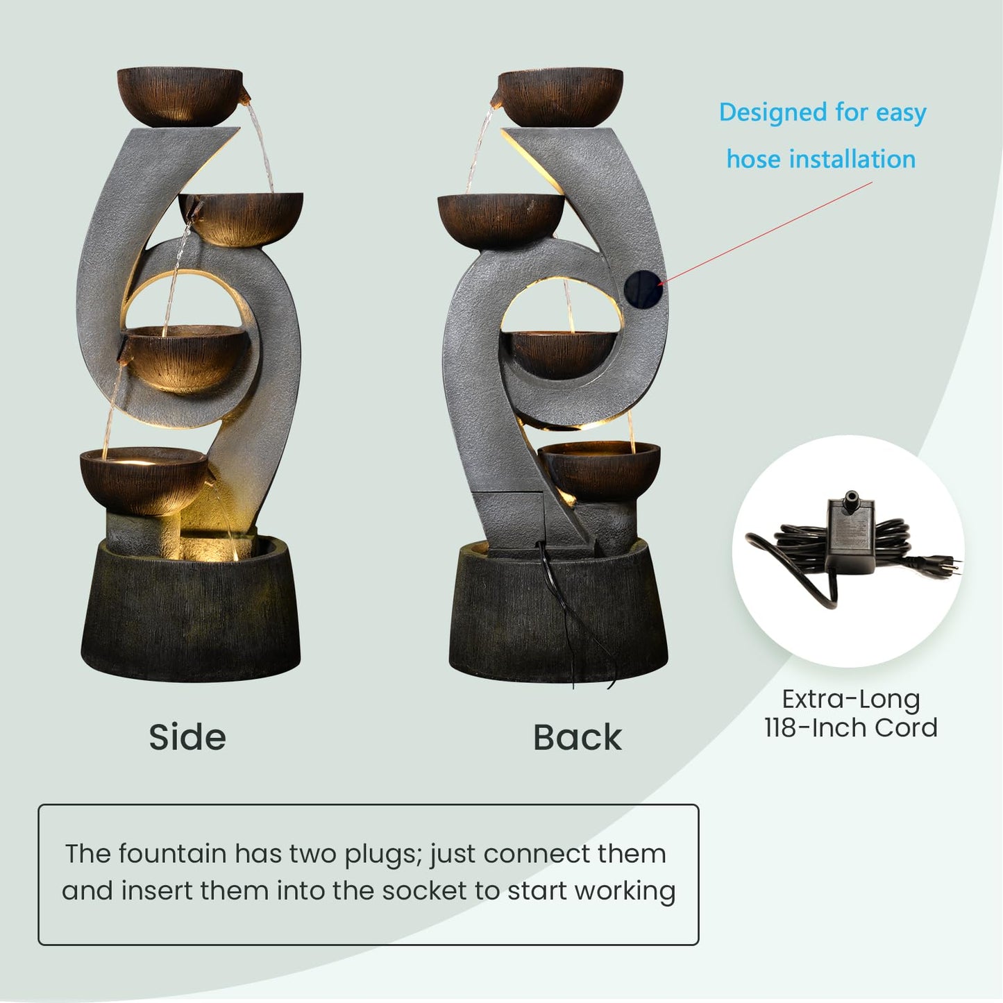 Sunlinua 46.8''H Outdoor Water Fountains - 5-Tiered Garden Fountains Outdoor for Patio, Yard, Balcony, Porch, Modern Resin Waterfall Feature for Outside with Light, Cascading Bowl Water Feature Gray
