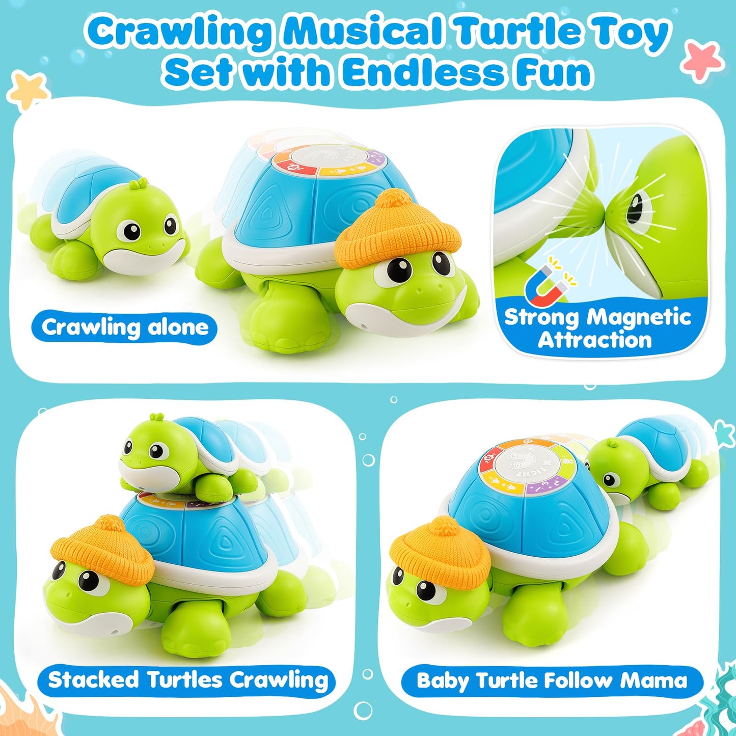 Baby Toys 6-12 Months, Musical Turtle Crawling Infant Toy Set for Tummy Time, Early Educational Learning Toys, Baby Essentials Toy, Christmas Birthday Gifts for Boy Girl 7 8 9 10 11 Month 0-1 Year Old