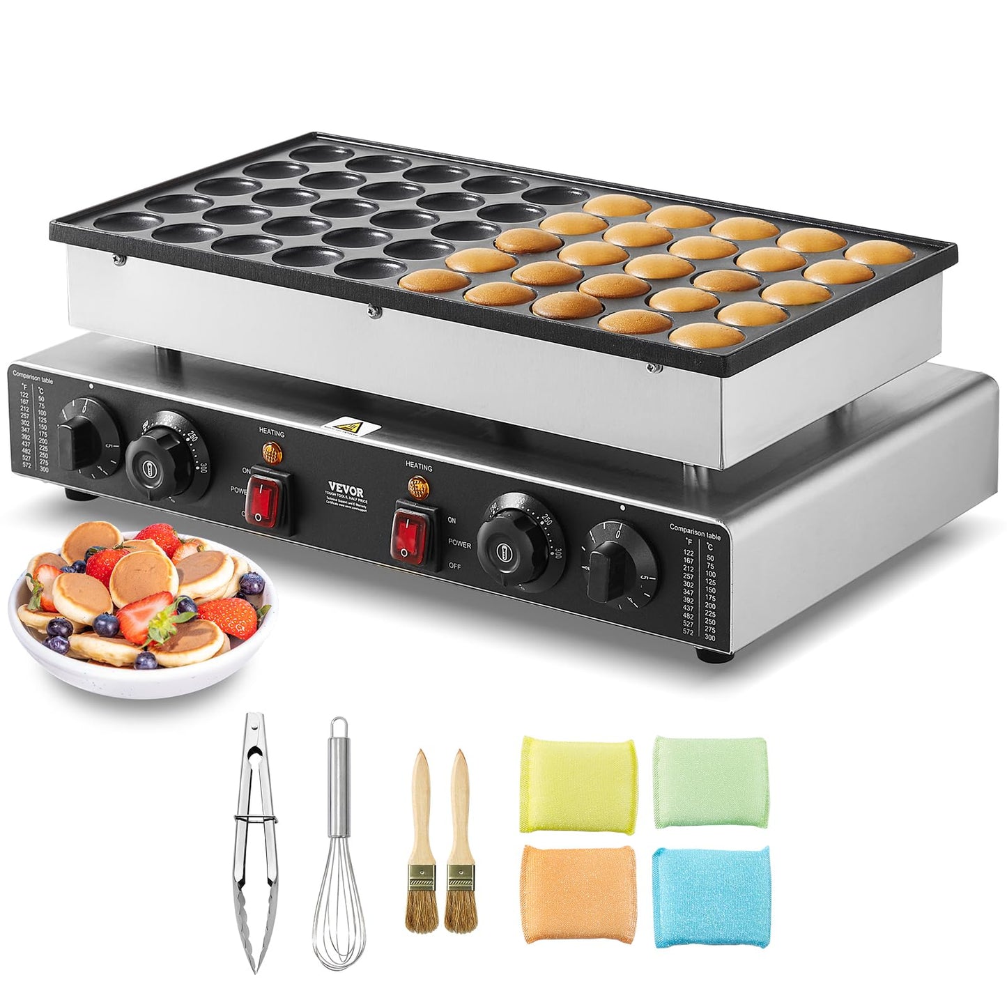 VEVOR 110V Mini Dutch Pancake Baker, 50PCS 1700W Commercial Electric Nonstick Waffle Maker Machine, 1.8 Inches Pancake Maker with 2 Thermostats & 2 Timers Separate Control, for Home and Restaurants