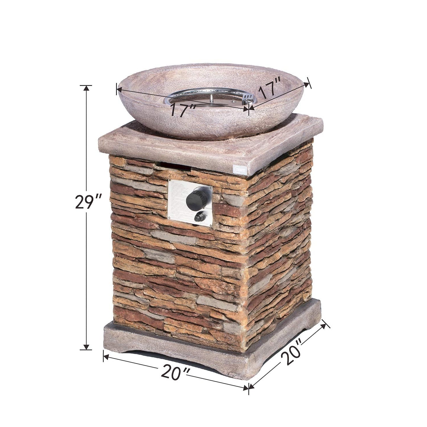 COSIEST Outdoor Propane Fire Pit Table w Faux Brown Compact Ledge Stone 20" Square Base and Faux Rose-Marble Round Bowl, Certified, 40,000 BTU, Free Lava Rocks, Fits 20lb Tank Inside, Raincover